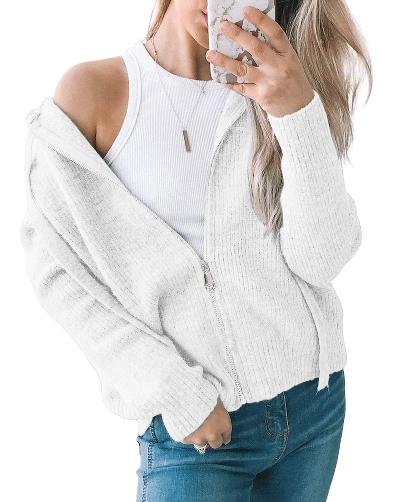 Modershe Womens Hooded Zip Up Cardigan Chunky Knit Sweater Jacket Boyfriend Open Front Oversized Coat