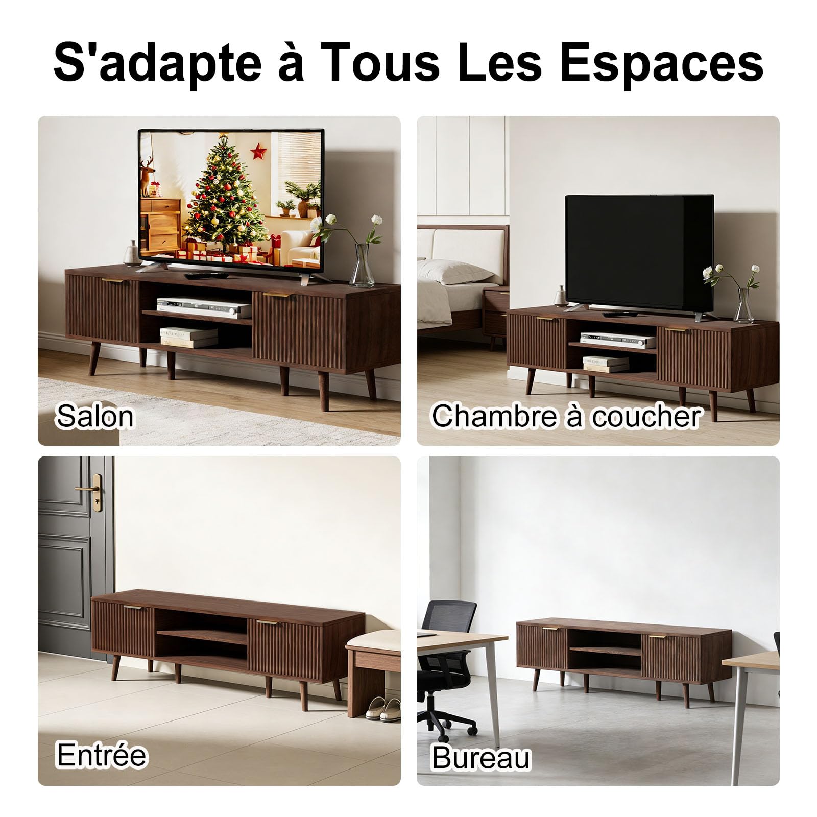 Meuble TV Bois 140cm Longueur Meuble Télé avec rangement pour Télévision Jusqu'à 60 Pouces 2 Étagères Ouvertes et 2 Portes 140 X 40 X 47 cm pour Salon, Chambre, Salle De Divertissement, Bois Foncé