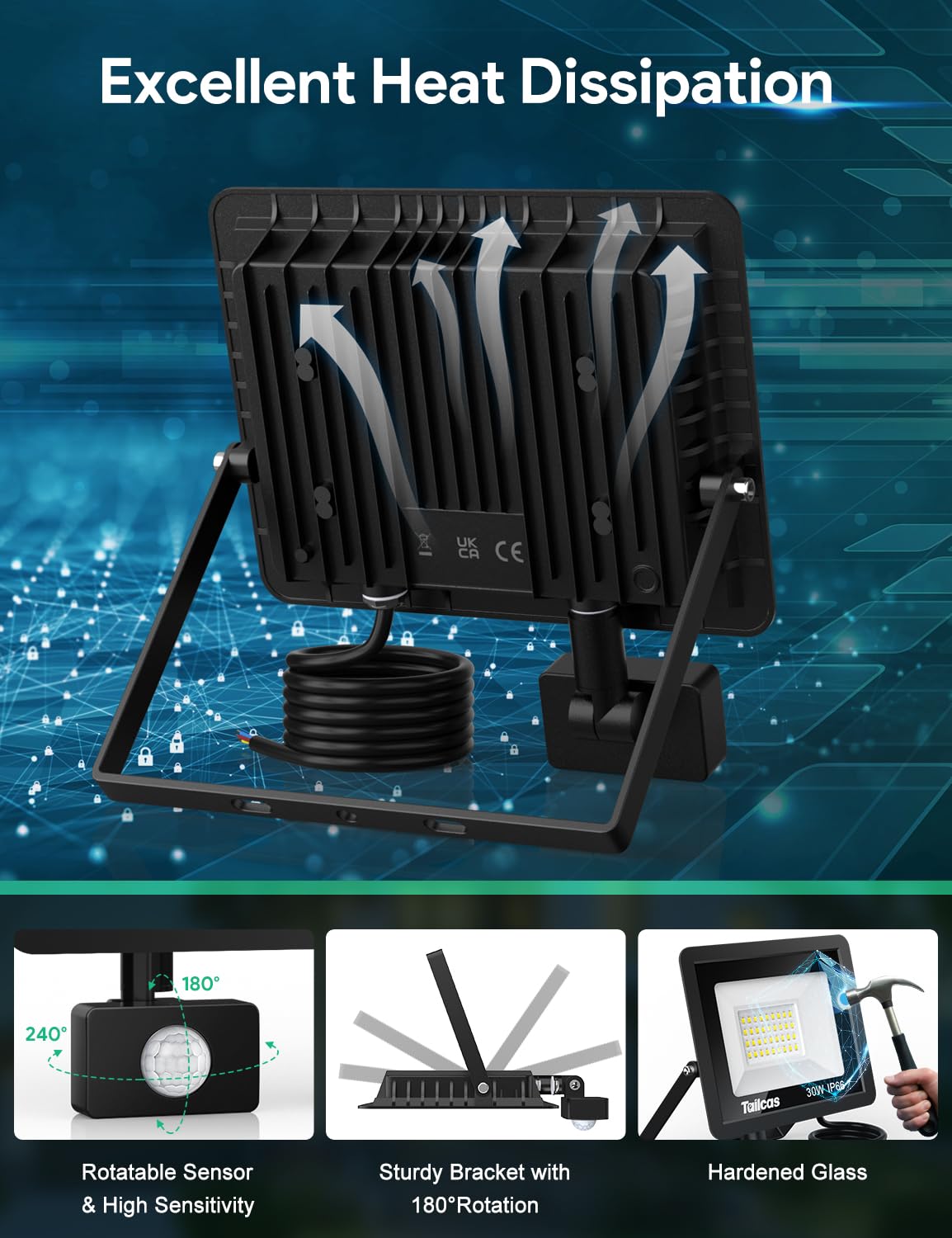 Tailcas 30W Focos LED Exterior con Sensor de Movimiento, IP66 Impermeable Foco Proyector LED con Control Remoto, 2700LM, 6500K Blanco Frío Foco LED Exterior o Interior para Jardín, Patio, Garaje
