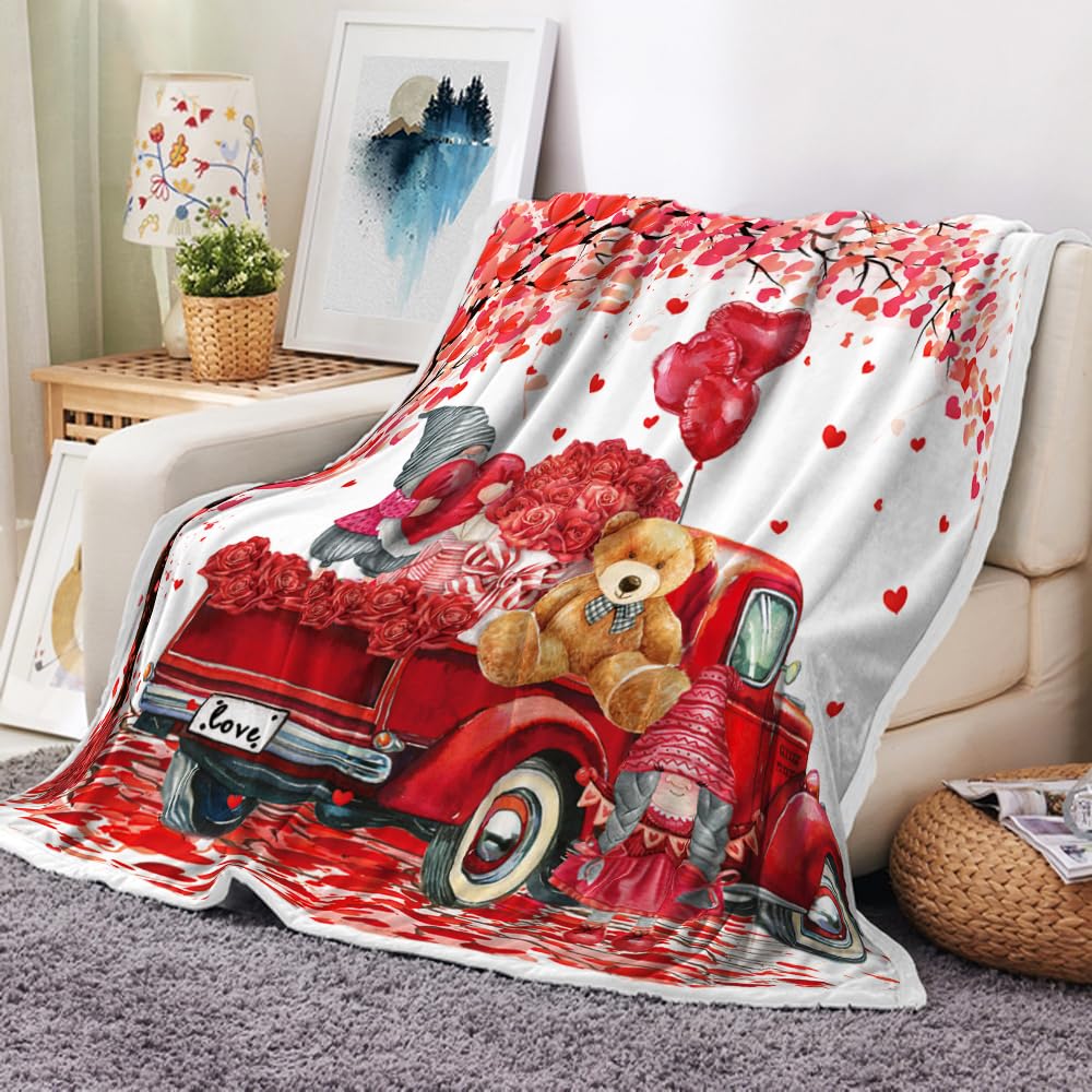 Valentines Day Throw Blankets for Women Girls' Gifts, Cute Bear Romantic Heart Pink Truck Flannel Throws for Couch Bed Wedding, Red Love Gnome