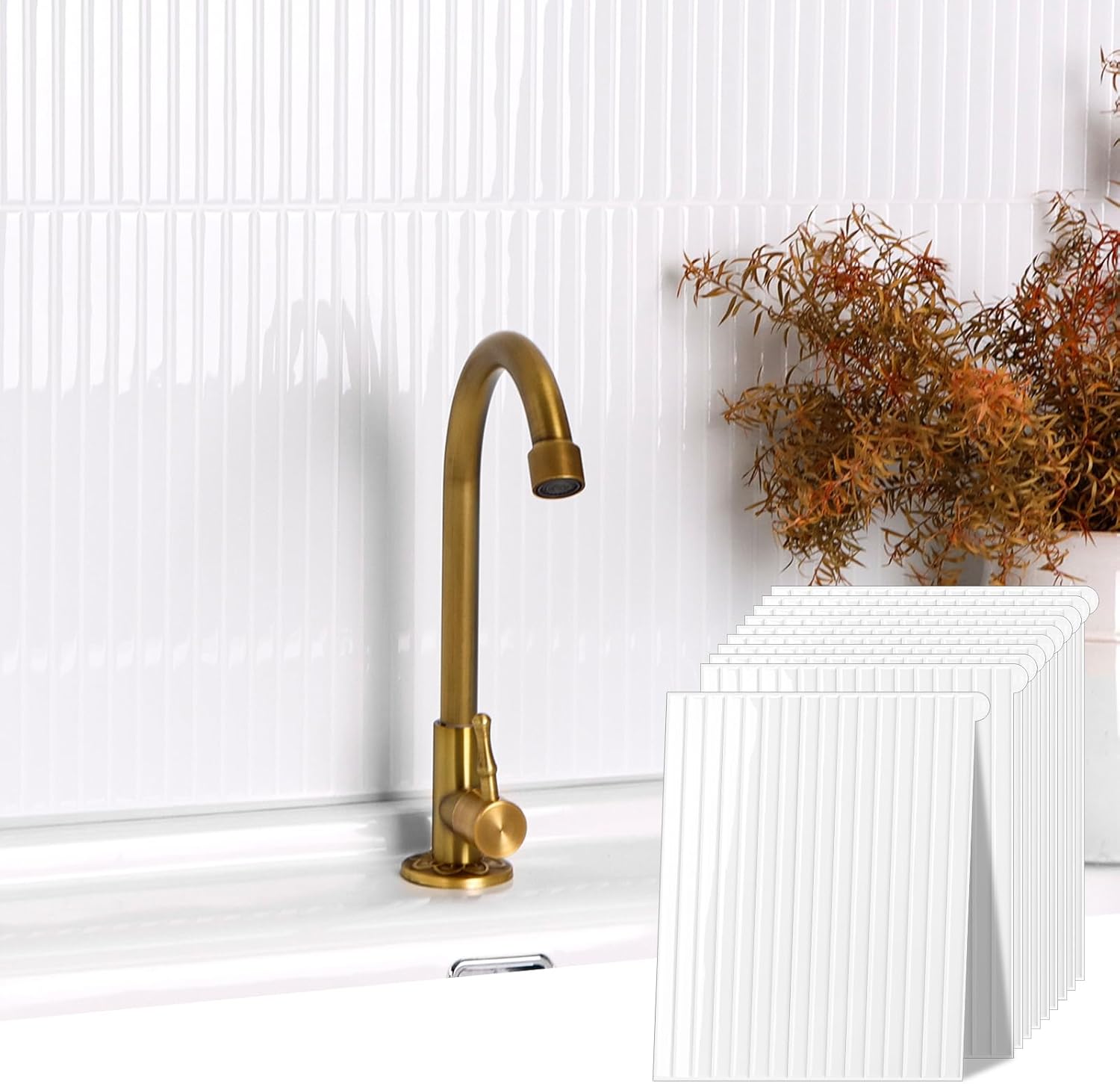 Backsplash Tile Peel and Stick, Self-Adhesive White Decorative Wall Tiles for Kitchen, Modern Glossy Slatted Design Backsplash Tiles for Kitchen, Bathroom, RVs (11.43x9 inch)