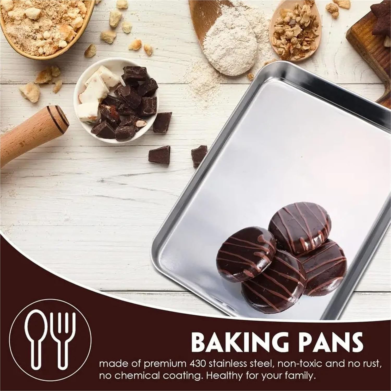12-Piece Stainless Steel Baking Sheet & Cookie Sheet Set, Nonstick Metal Trays for Oven, Toaster, Cake and Food Serving