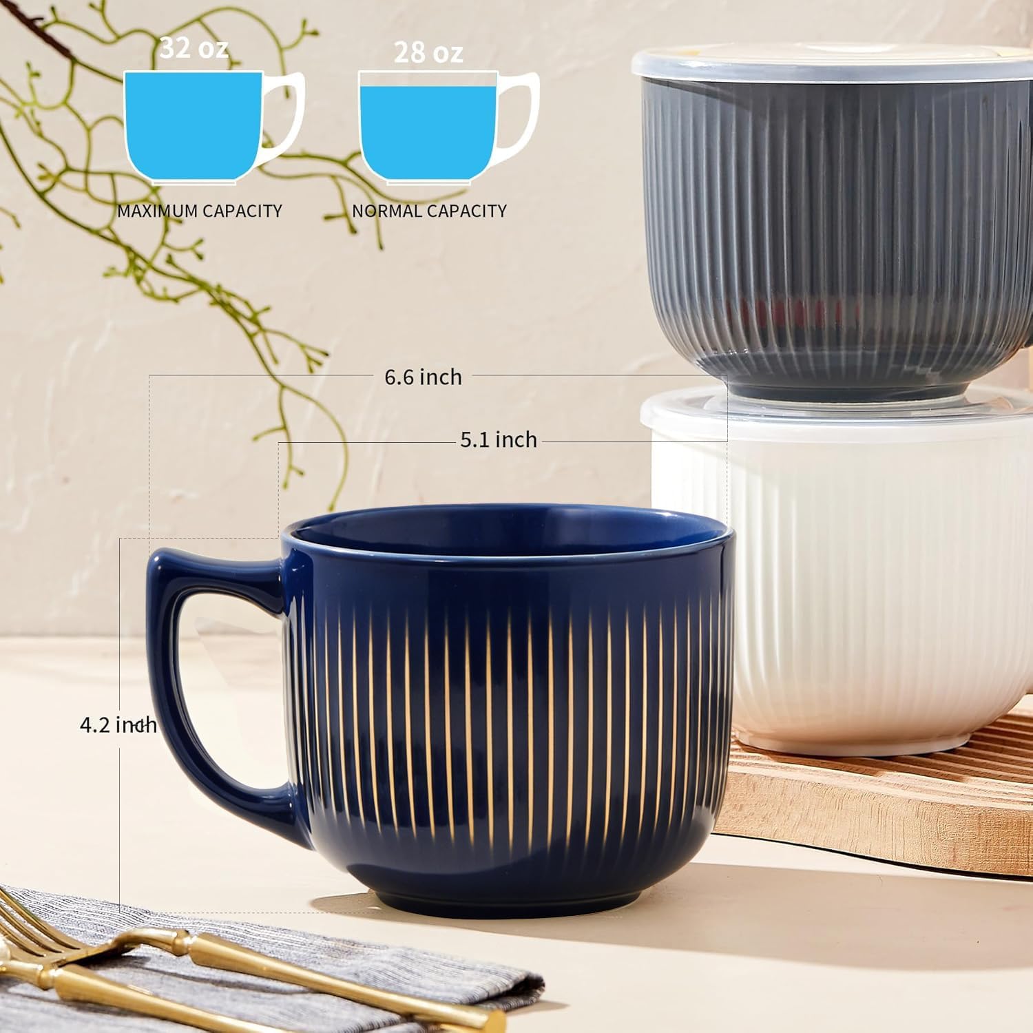 Ceramic Soup Bowls with Handle, 32oz Large Soup Mugs with Lids, 5 inch Wide Microwave Safe Soup Cups for Soup, Oatmeal, Gumbo, Salad,Instant Noodles, Dishwasher Safe- Set of 2 (Vintageblue) image 2