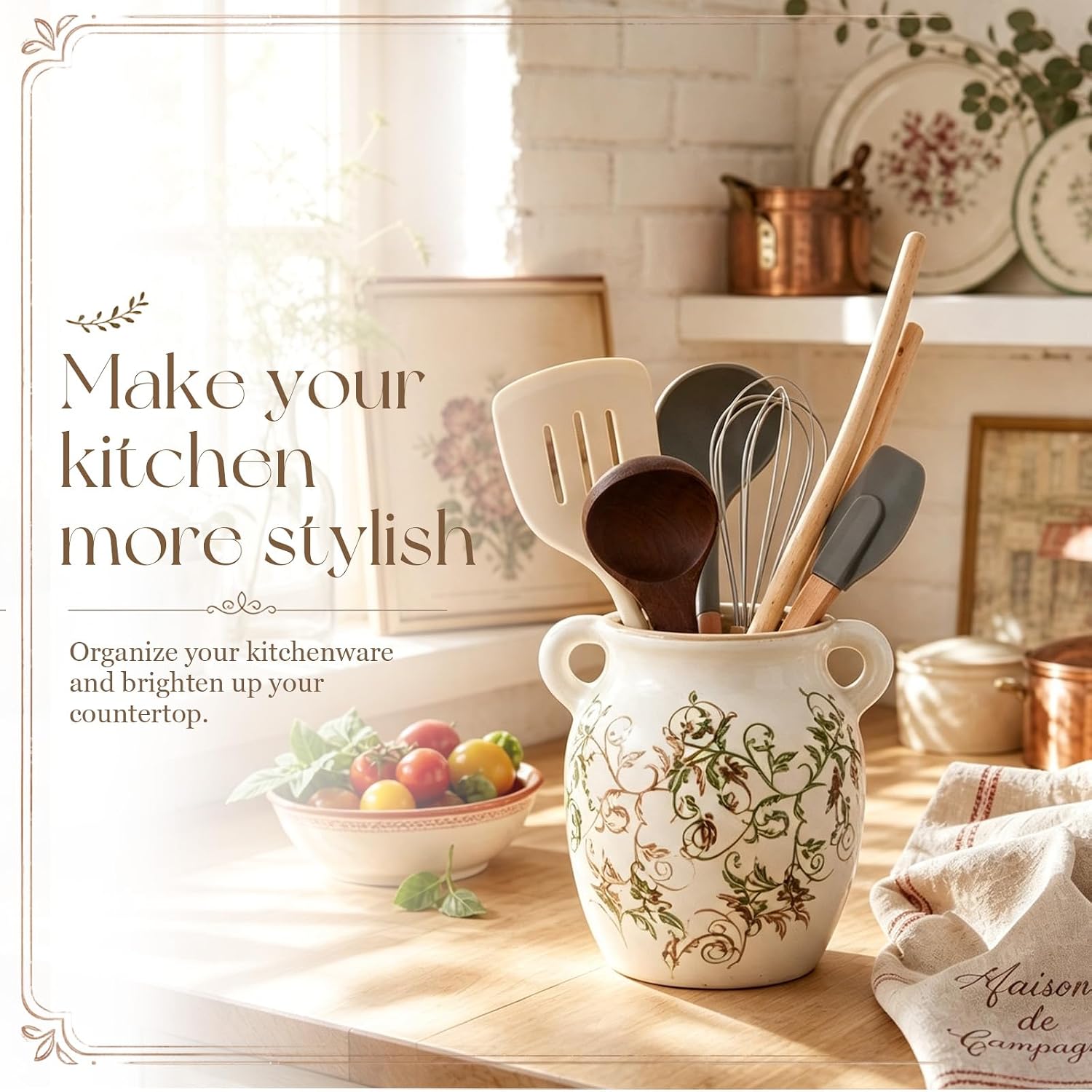 7.6" Ceramic Utensil Holder for Kitchen Counter, Cottage Style