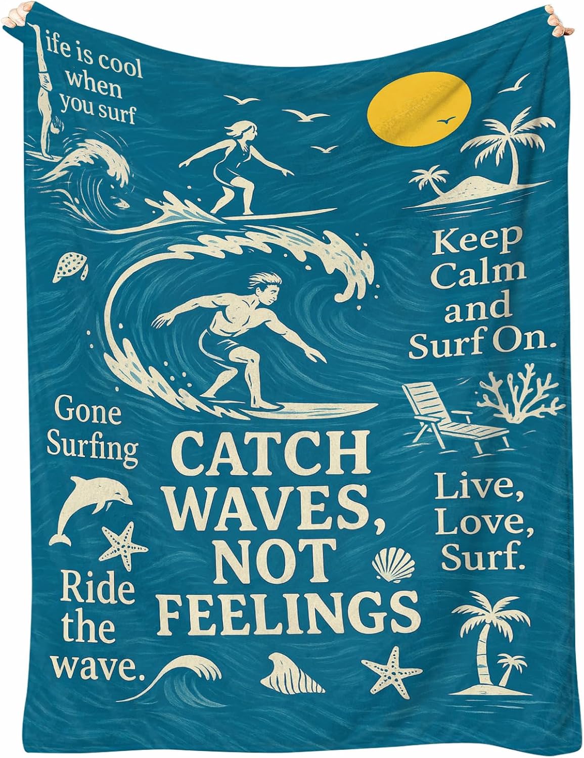 Surfer Gifts Beach Throw Blanket 60x50, Soft Flannel Fleece, Coastal Throw for Couch or Bed, Retro Surf Art Ocean Waves, Lightweight Nautical Tropical Palm & Dolphin, Surfer Gift