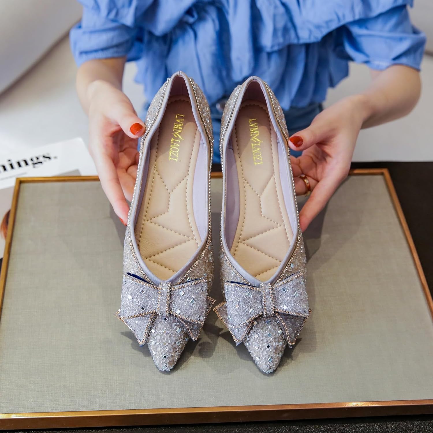 Women's Rhinestone Flats Sparkly Pointed Toe Ballet Flats with Memory Foam for Wedding Evening Party Work - Image 2