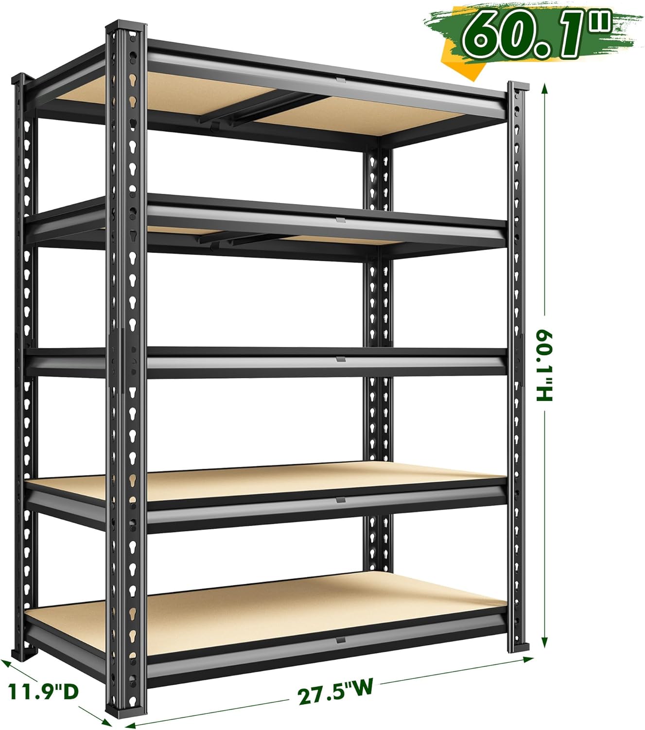 Garage Storage Shelves 60.1"H, 1990LBS Storage Shelves, 5 Tier Adjustable Storage Rack, Metal Shelves for Storage, Living Room, Pantry, Basement, Closet, Workshop Shelving 27.5" W x 11.9" D, Black