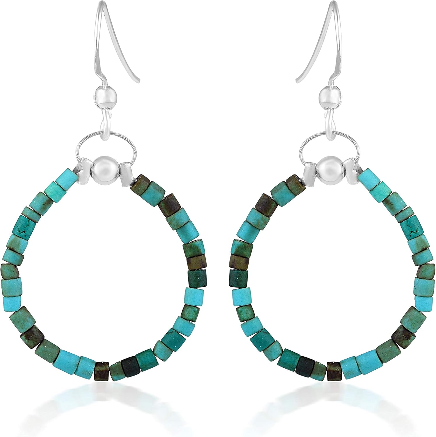 Turquoise & Silver Hoop Earrings, Boho Beaded Hippie Jewelry – Handmade Turquoise Earrings for Women
