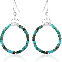 Turquoise & Silver Hoop Earrings, Boho Beaded Hippie Jewelry Handmade Turquoise Earrings for Women