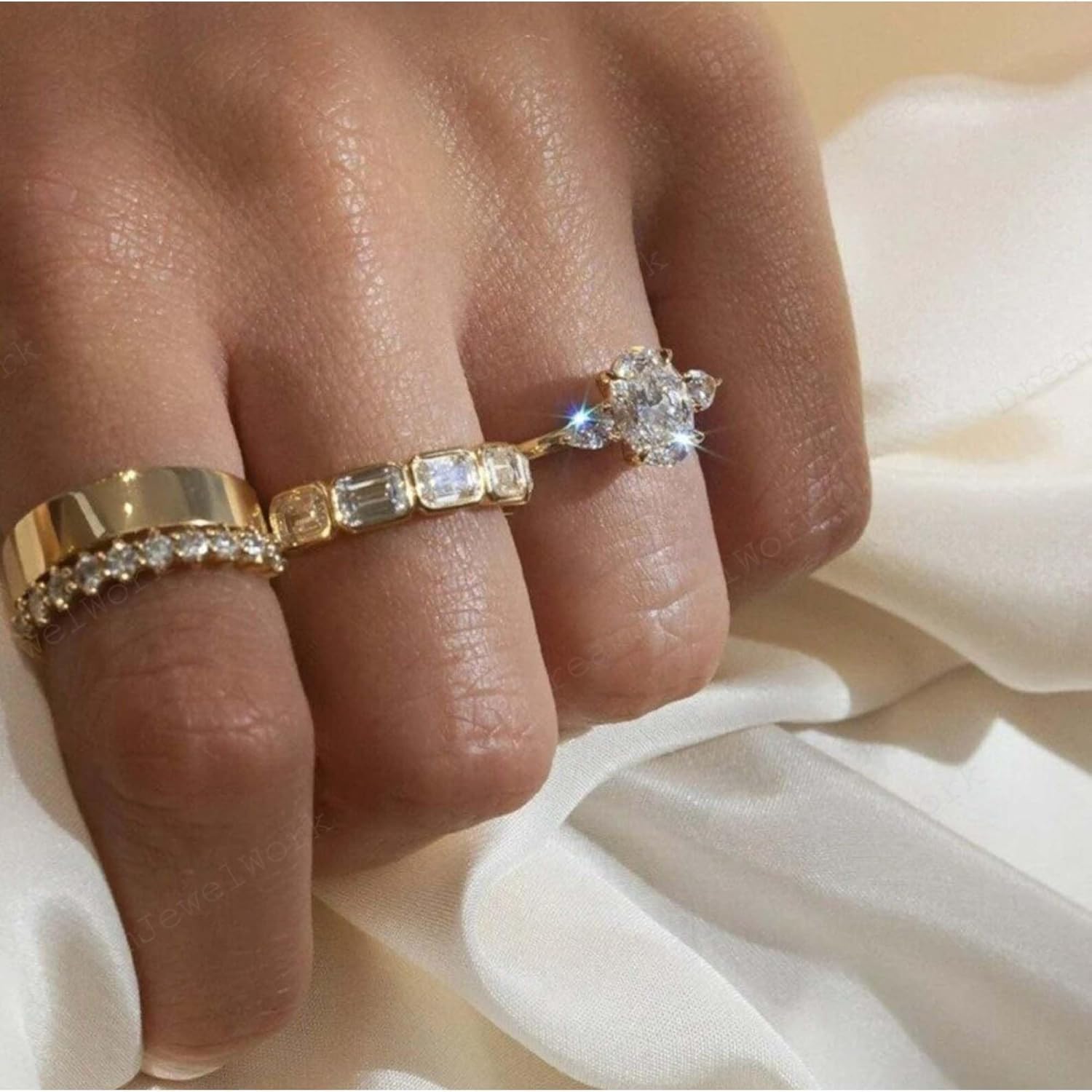 Emerald Cut Moissanite Wedding Band for Women 14k Yellow Gold Bezel Set Modern Stacking Ring Unique Half Eternity Jewelry Gift for Her