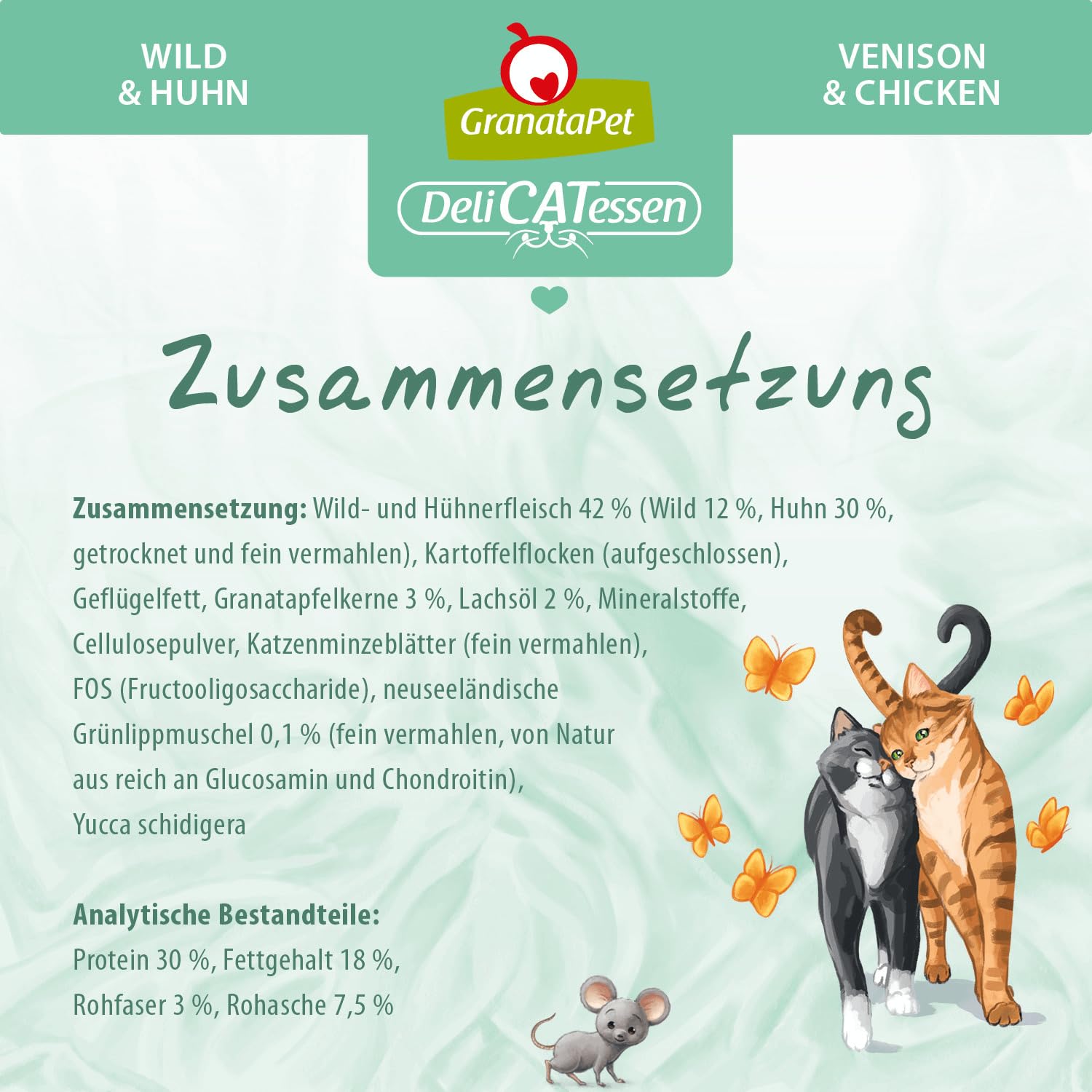 Granatapet Delicatessen Karma dla Kotów, Dziczyzna/Kurczak, 9 kg | Karma pełnoporcjowa, Bez zbóż, Bez dodatku cukru, Tauryna, Olej z łososia i małża nowozelandzka, Made in Austria