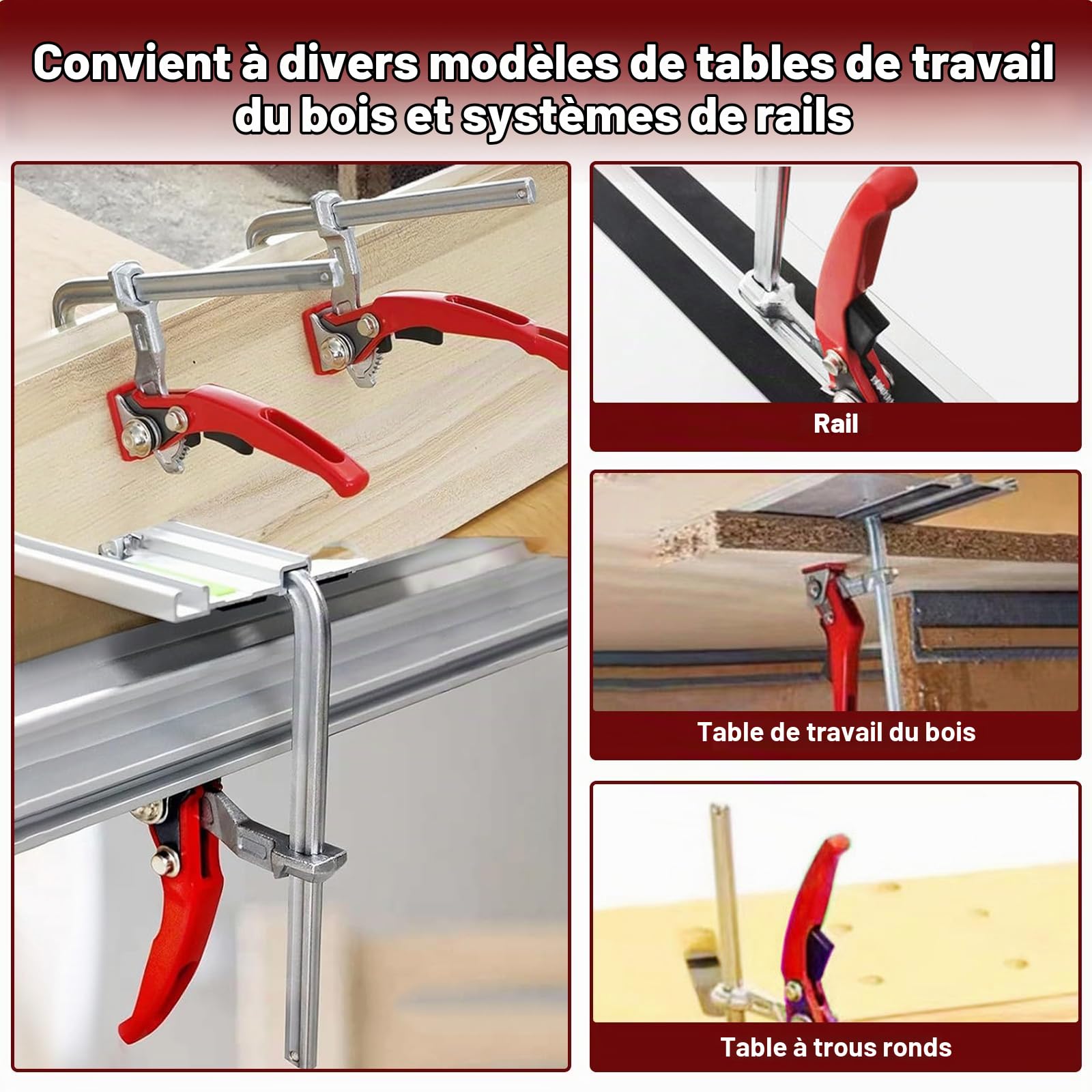 Lot de 2 Serre Joint Rapide pour Rail Guidage, Pince Table Cliquet Acier avec Poignée Levier, Pince Serrage Blocage Rapide Capacité 160mm & Profondeur Gorge 60 mm pour Meulage, Coupe