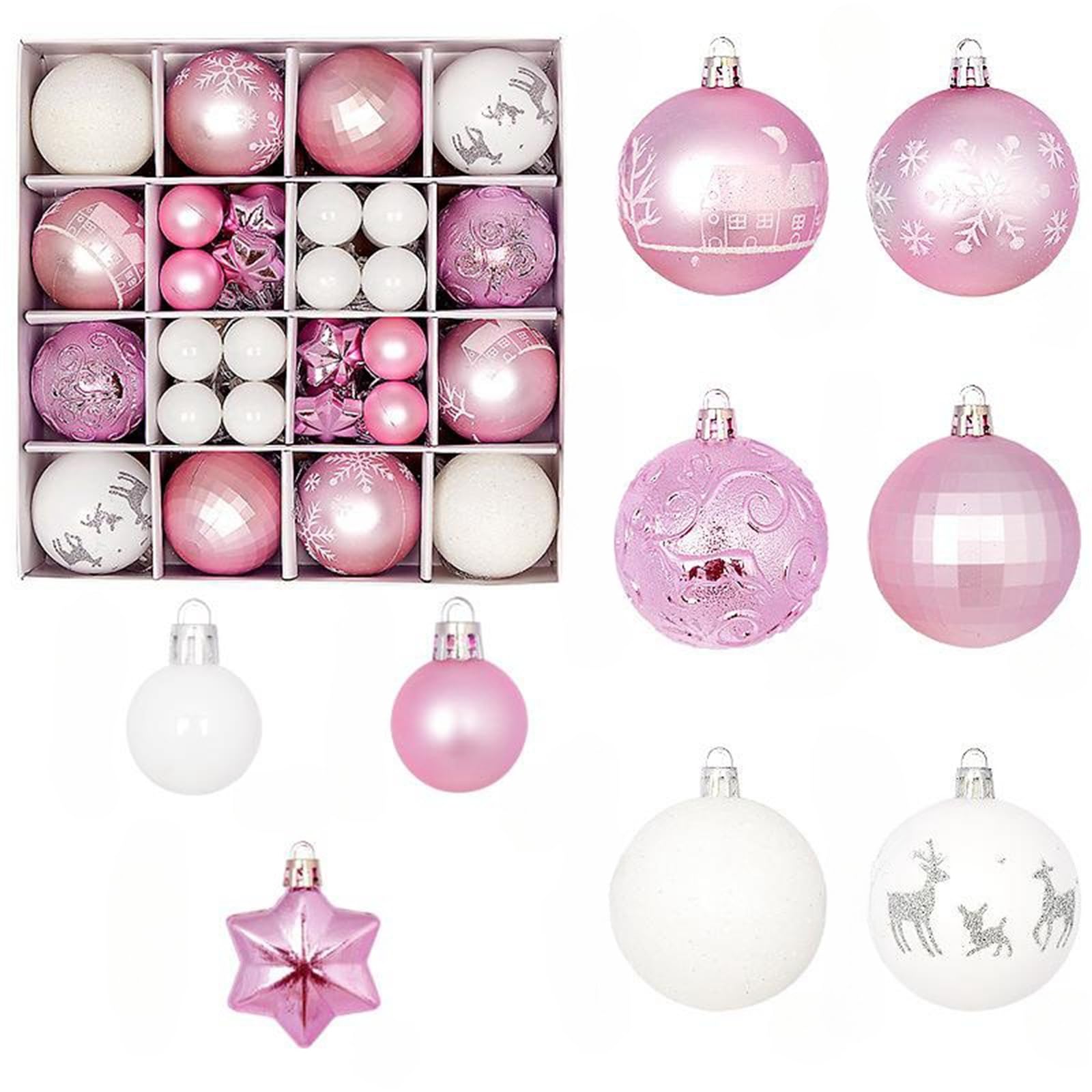 16 Boules De Noël à Suspendre - Diamètre 6 Cm - Multi-couleurs (rose Inclus) - PET Léger - Décor Sapin & Fenêtres - 5