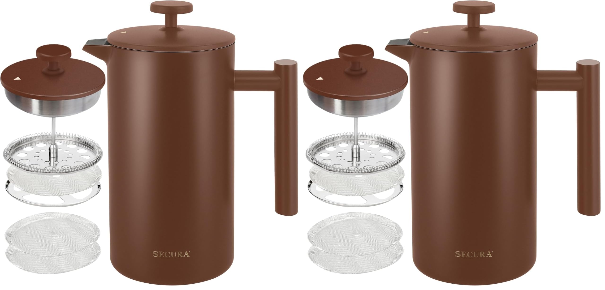 Secura French Press Coffee Maker, 304 Grade Stainless Steel Insulated Coffee Press with 2 Extra Screens, 34oz (1 Litre), Coffee (Pack of 2)