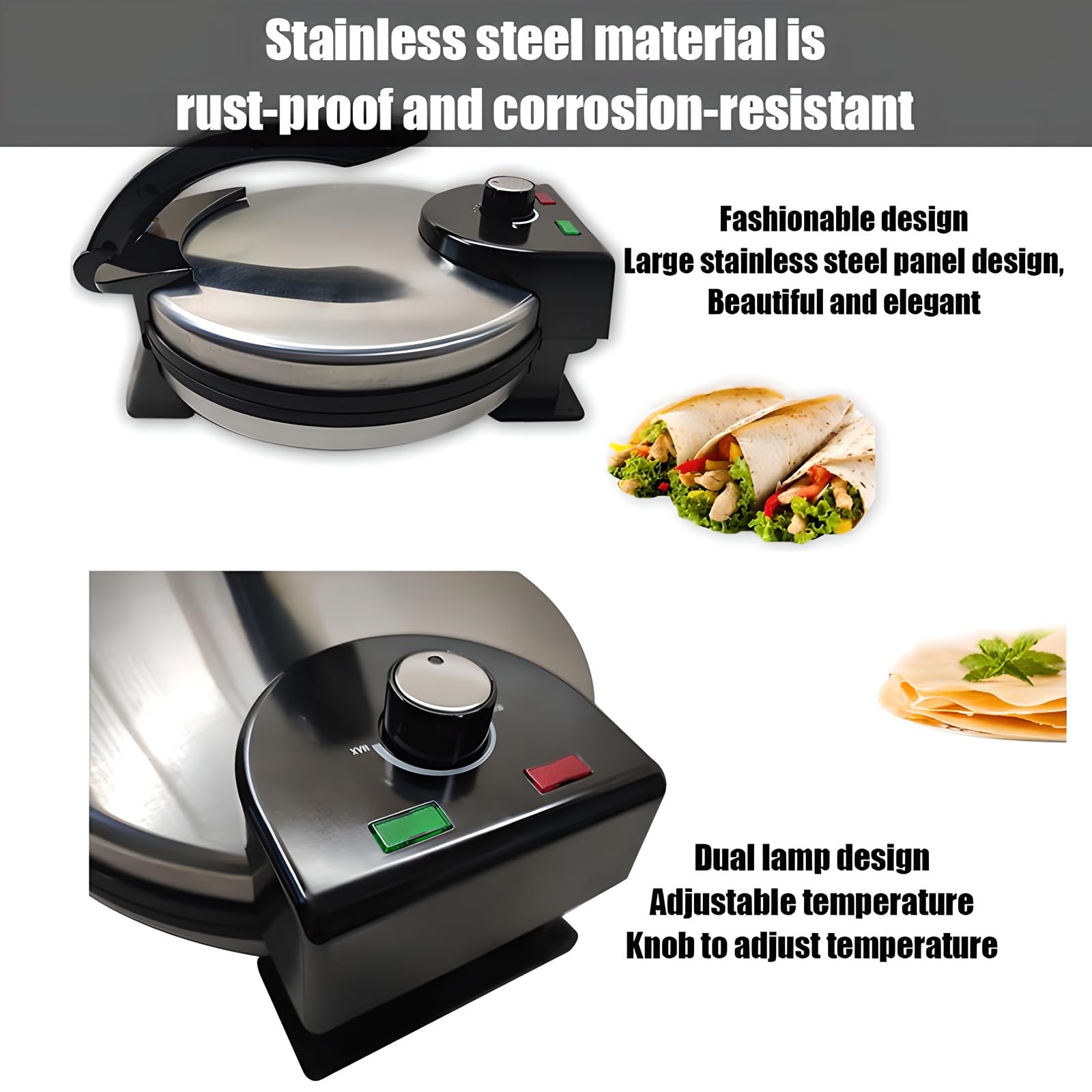 2000 W Electric Roti Maker, Tortilla Maker de 12 Pouces, Machine À Tortilla Chapati Automatique À Température Réglable, Surface Antiadhésive, Chauffage Double Face, pour Les Crêpes, Les Tacos