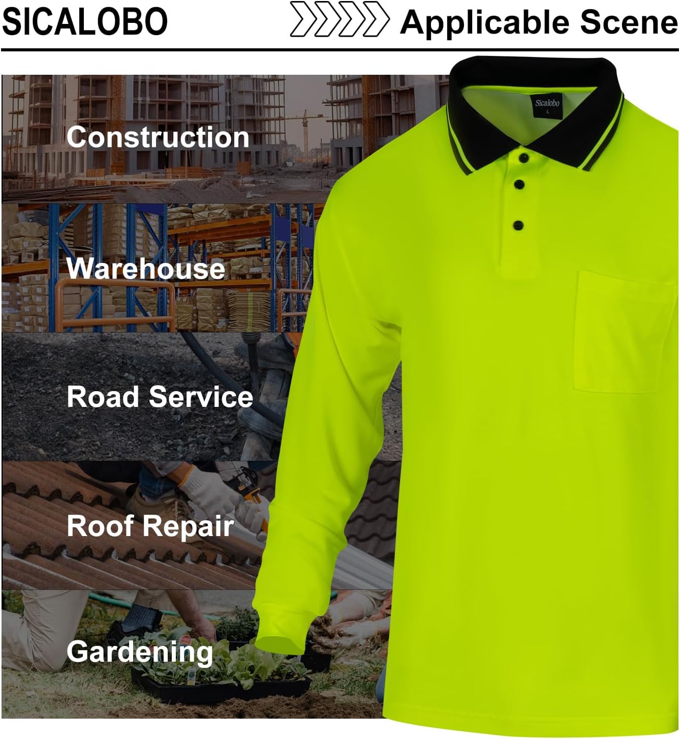 High Vis Safety Polo Shirts for Men,Fluorescent Hi Vis Long Sleeve Tee,Moisture Wicking Work Shirt,3 Pack - Image 5