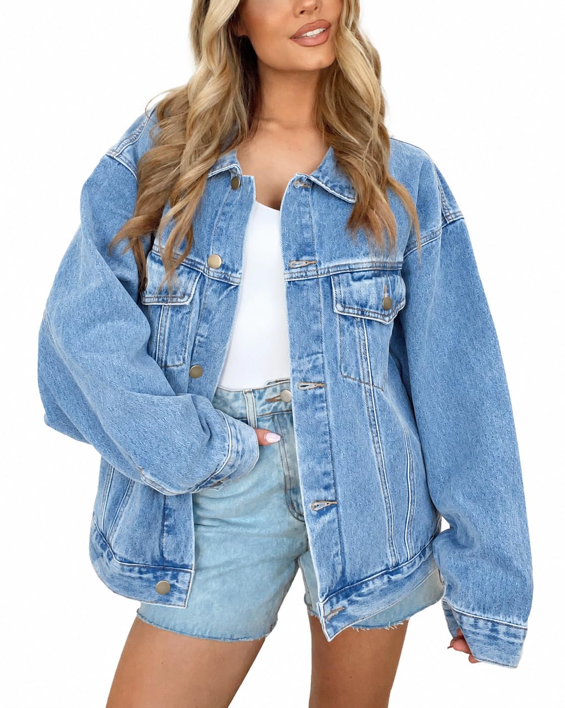 Kedera Women's Oversized Jean Jacket Long Blue Denim Jacket Long Sleeve Button Down Trucker Jacket Shacket Fall Coats