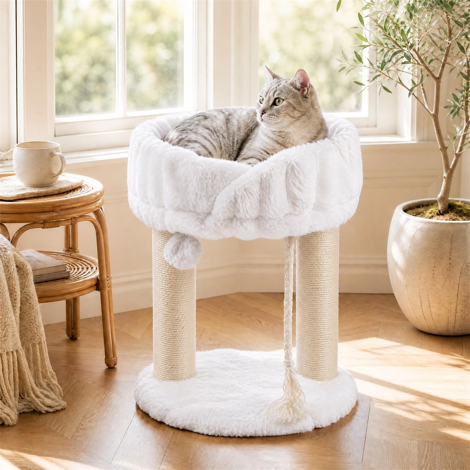 GOPLUS Petit Arbre a Chat à 2 Niveaux, Tour de Jeux pour Chats (Blanc) | Centre d’Activité 40x40x50CM avec Perchoir Rembourré en Peluche, 2 Poteaux Griffoir, Perchoir Doux, Corde et Balle Suspendue