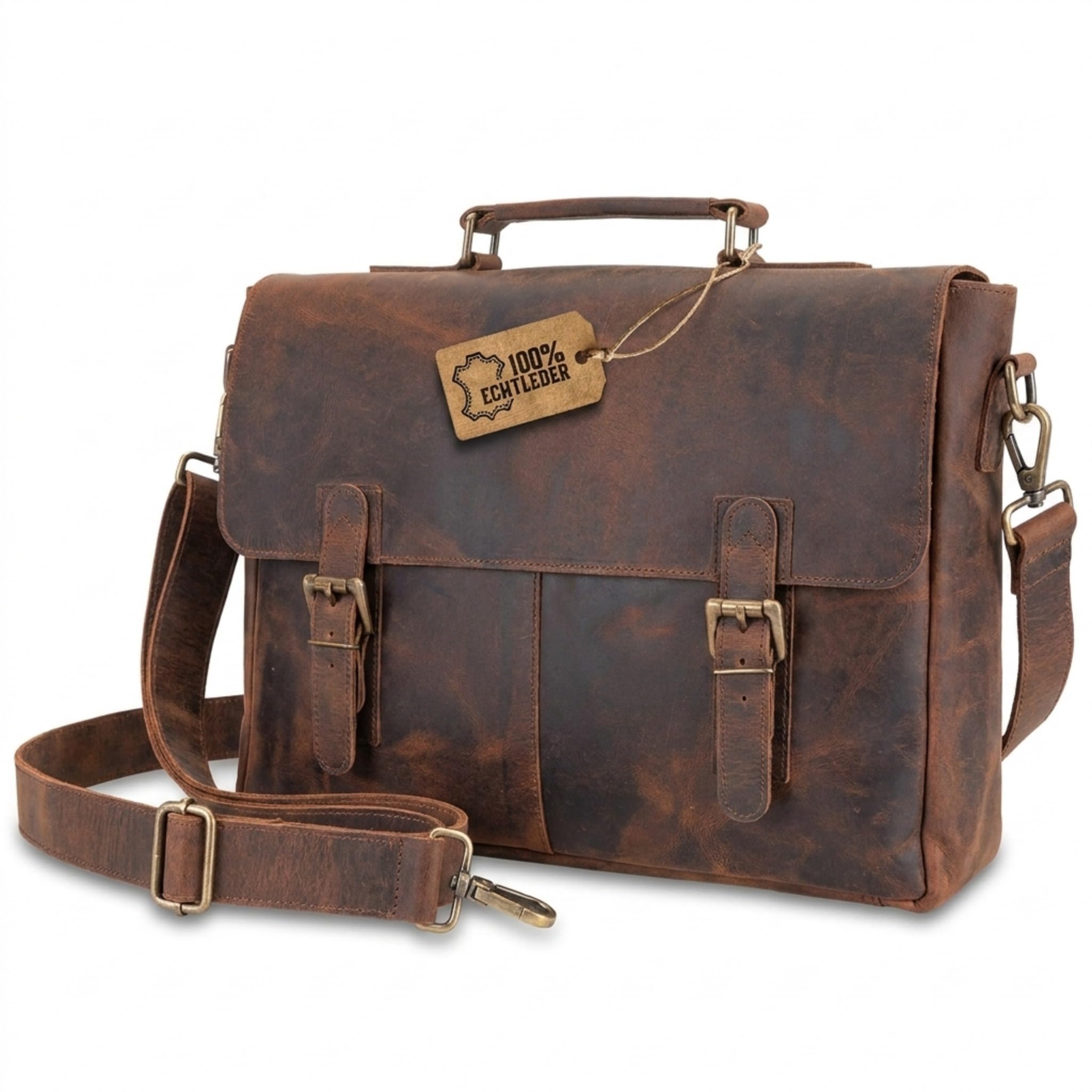 moonster Aktentasche Herren Leder - Handgefertigte Laptoptasche 16 Zoll aus Büffelleder, Messenger Bag mit gepolstertem Fach, Umhängetasche für Damen & Herren, Lehrertasche Braun Rustikal