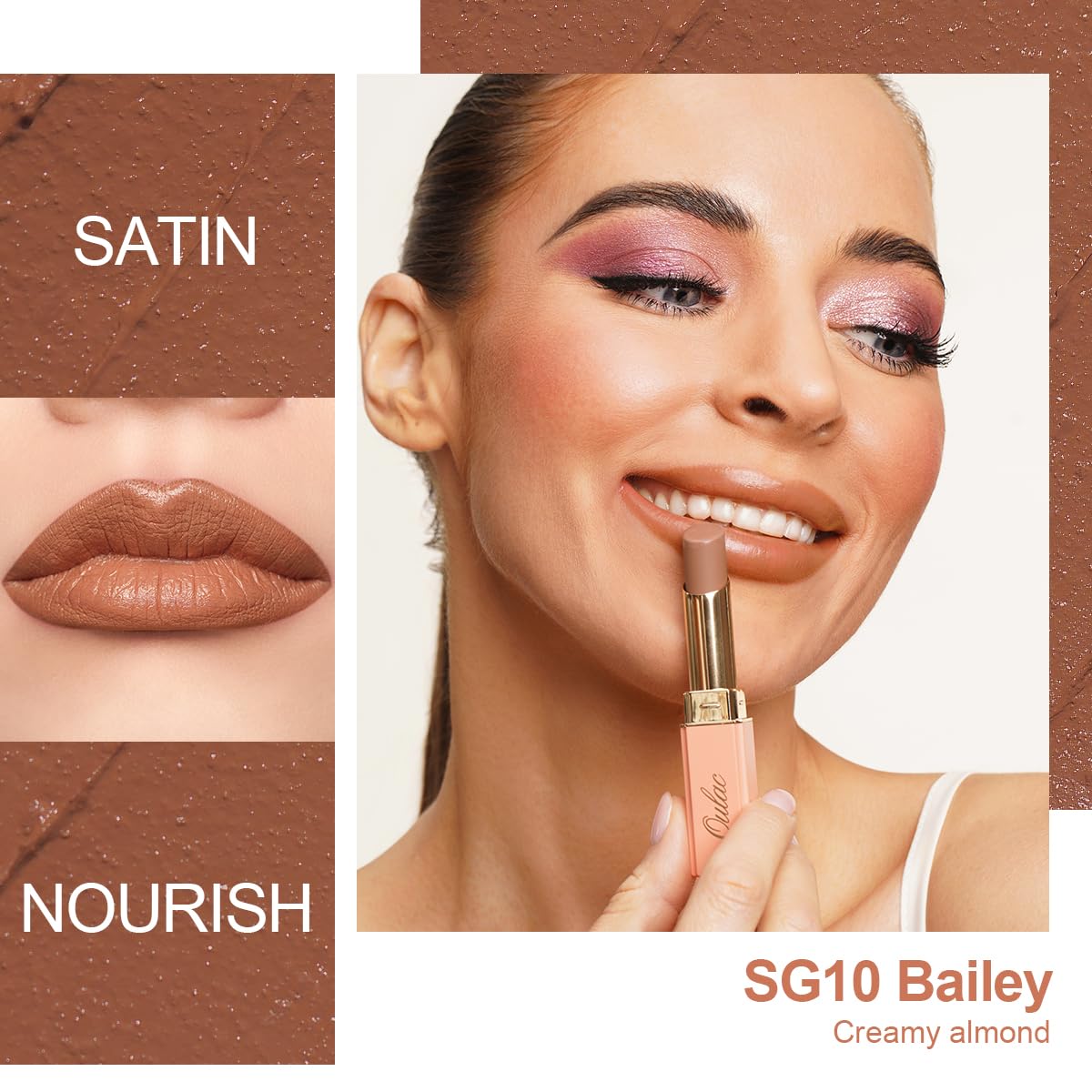 Oulac Satin Matte Lipstick, Nude Beige Long Lasting Lip Stick, Full Coverage with Smooth Creamy Texture Lip Colour - Image 2