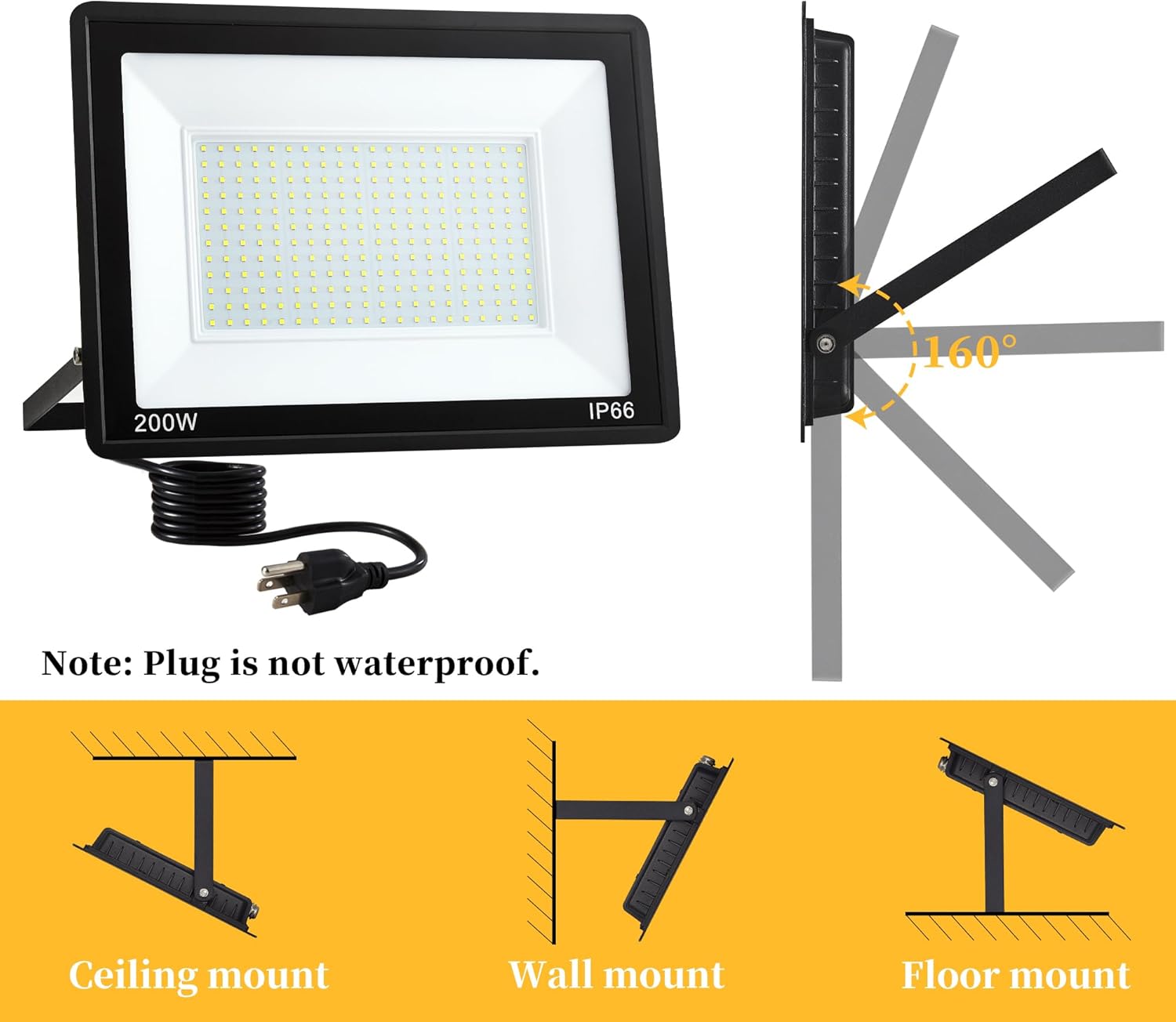ADYENA 2 Pack 200W LED Flood Lights Outdoor Plug in, 25000 LM Super Bright Led Stadium Lights, Waterproof LED Work Light, IP66 6000K Daylight White Floodlights for Patio Yard Garden Playground