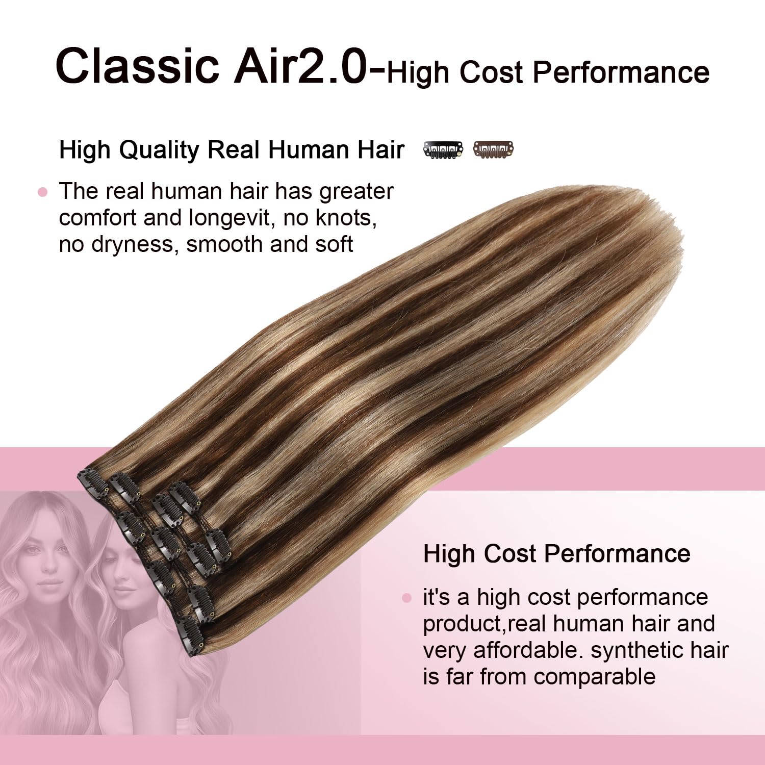 Air2.0 Clip in Hair Extensions Real Human Hair 20inch 4pcs #4p27 Medium Brown Mixed Caramel Blonde Remy Real Human Hair Extensions Clip ins 60g Thick Seamless Double Weft（#4p27-20inch）