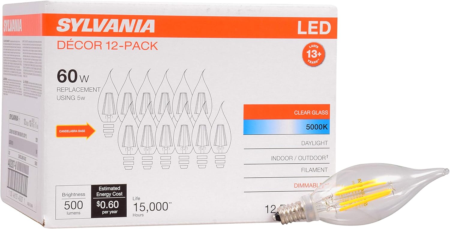 Sylvania LED B10 Chandelier Light Bulb, 60W Equivalent Efficient 5W, Dimmable, Candelabra Base, Clear, 5000K, Daylight - 12 Pack (40207)