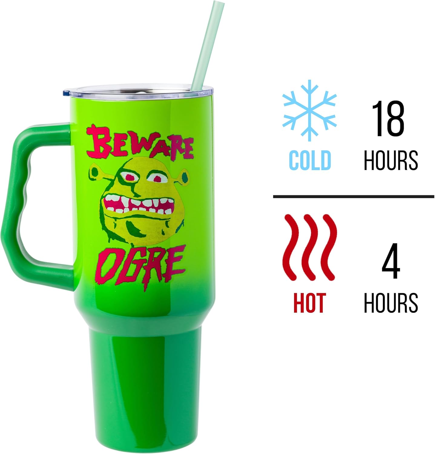 Silver Buffalo Shrek Beware Ogre Double Walled Stainless Steel Tumbler with Handle and Straw, Fits in Standard Cup Holder, 40 Ounces - Image 3