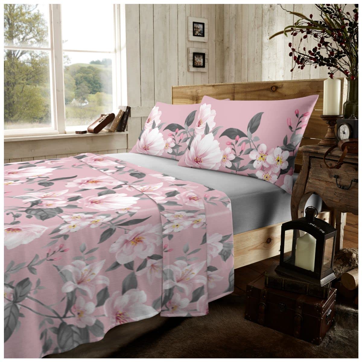 Gc Gaveno Cavailia Joanna-Blush Pink Floral Flannel Sheet Set, Cosy Botanical Fitted Bedsheet & Skinny Fitted Sheets With Flower Printed Pillowcase Cover, Blush Pink
