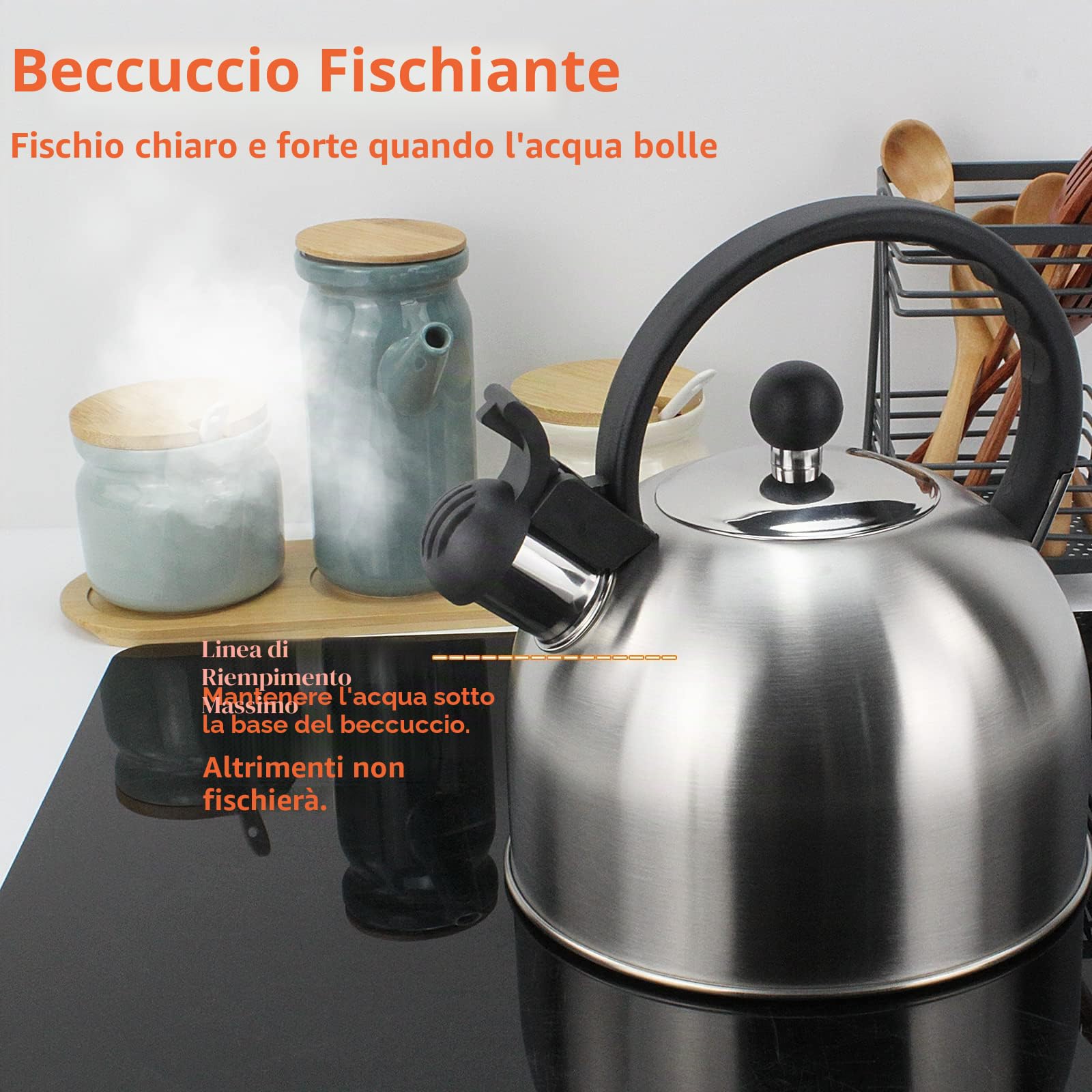 ROSSETTO Bollitore per acqua Bollitore per tè 2,5 litri in acciaio inossidabile di alta qualità Bollitore per acqua a induzione Bollitore per tè con suono di fischio, adatto a tutti i tipi di cucine