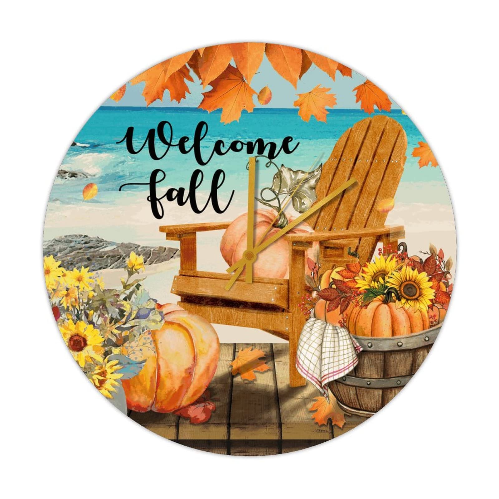 Horloge murale ronde en bois automne silencieuse sans tic-tac pour bureau cuisine et salle de bain