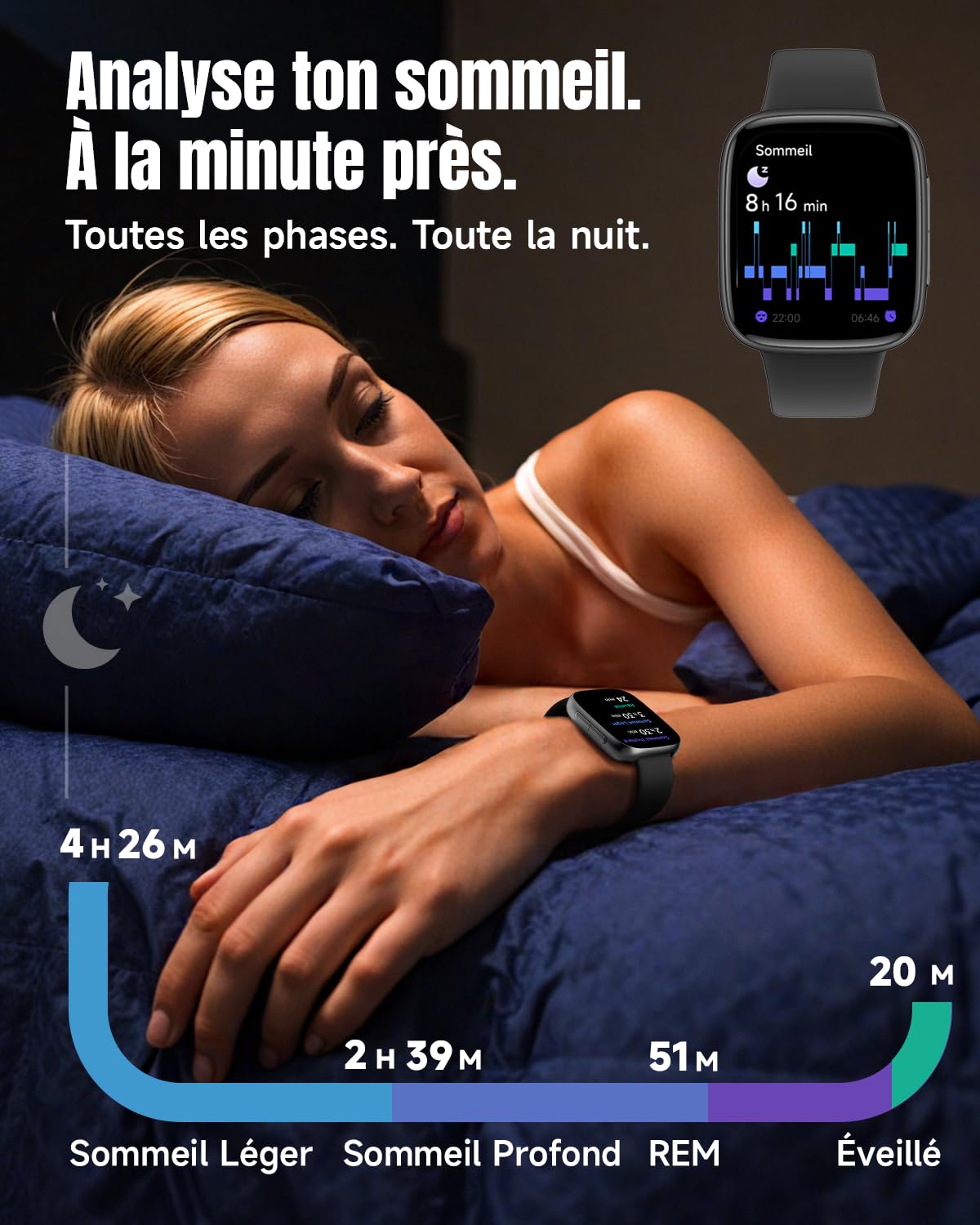 Montre Connectée Homme Femme, Écran AMOLED Ultra-Clair, Étanche 3ATM Natation, Appels Bluetooth, Suivi Cardio/Sommeil/100 Sports, Compatible Téléphones Android et iOS, Noir