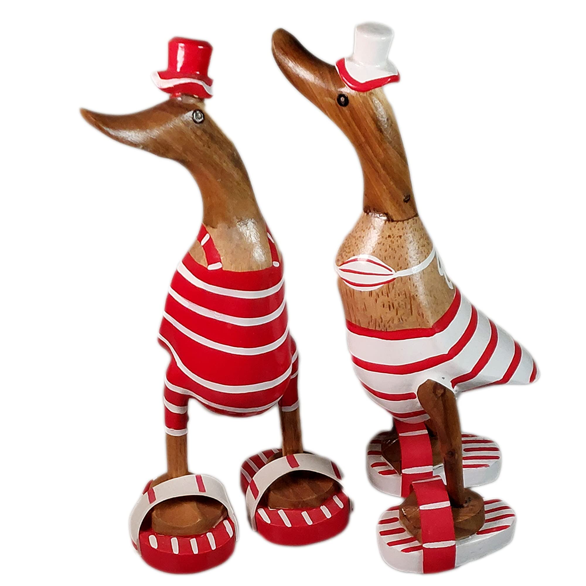 ART-CRAFT Lot de 2 figurines de canard en bois - Décoration de jardin - Racine de bambou et teck - Rouge - Bikini - 25 cm de haut - Peint à la main
