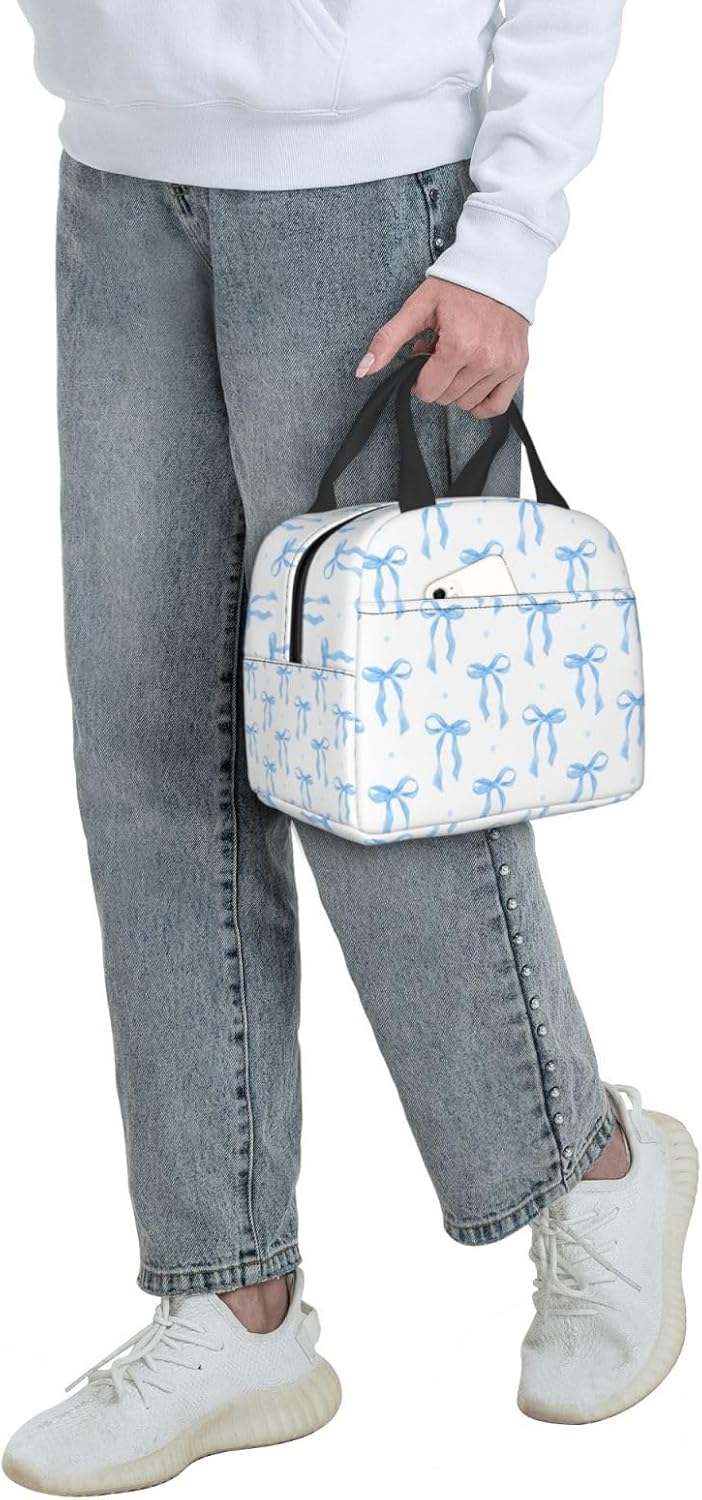 Lunch Box Lunch Bag for Women Men, Cute Blue Ribbon Bow Watercolor Insulated Lunch Tote Bags Small Lunchbox for Work Picnic Travel Office, 8.5 × 8× 5 inch - Image 6