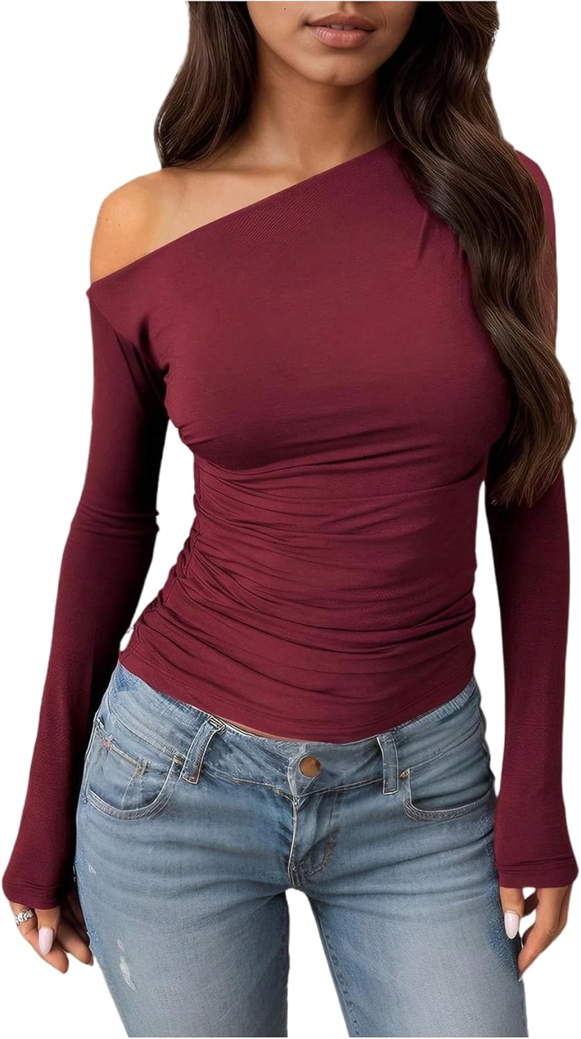 SOLY HUX Women's Off The Shoulder T Shirt Long Sleeve Asymmetrical Neck Ruched Fitted Tee Going Out Tops