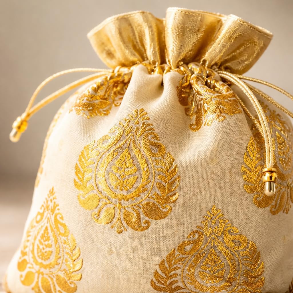 Rajasthan Kraft Gold Banarasi Tissue Pack Of 12 Potli Bag, 23x19 cm Brocade Look Foil Print Drawstring Potli For Wedding & Diwali Return Gifts, Festive Favor Bags, Potli Bag for Women