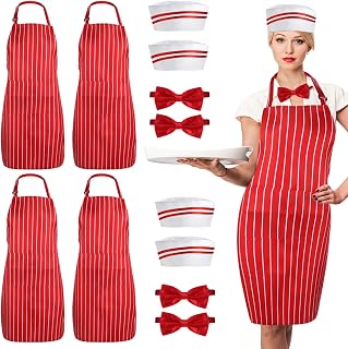 12 Pcs Waiter Costume Kit for Adults, Retro 1950s Waitress & Soda Jerk Outfit, Carnival Diner Costume Set with Striped Apron, Chef Hat & Bow Tie for Theme Parties