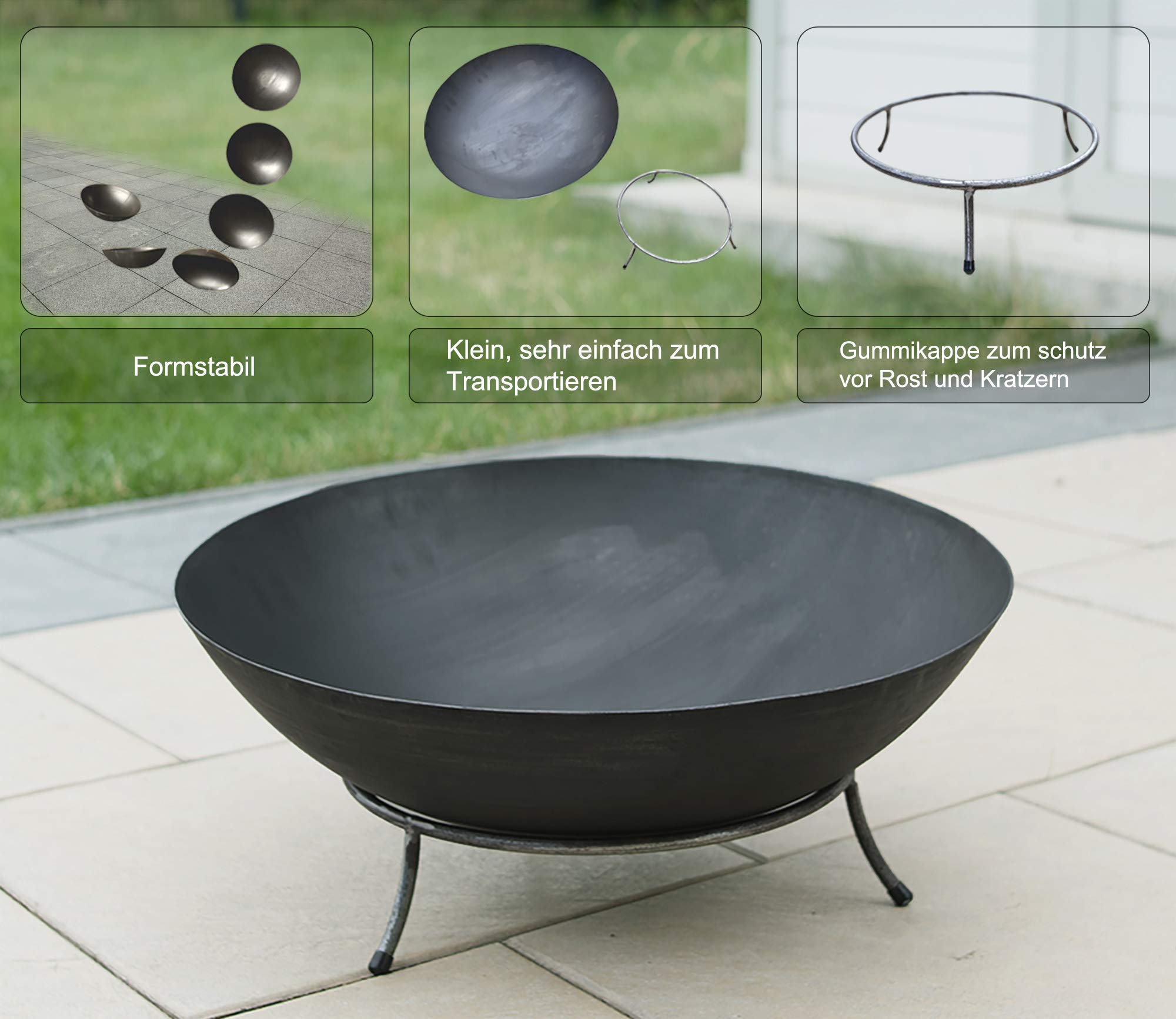 Köhko Feuerschale Marbela-XL 55x55x23 cm Stahl 3 Füße Grillabend Gartefeuer BBQ Camping