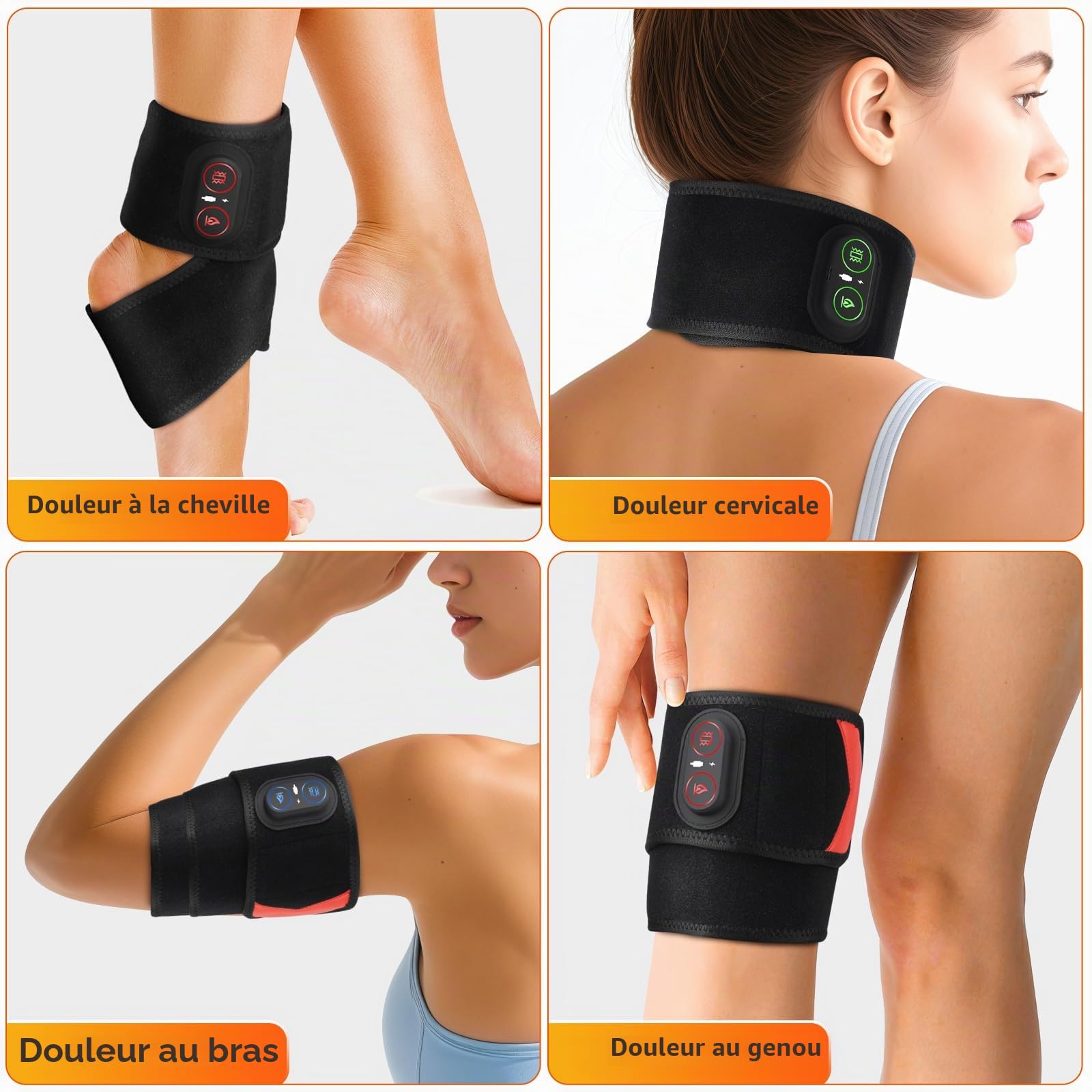 Coussin chauffant du poignet sans fil avec vibrations, 3 modes de chaleur et vibration, massage bras chauffé avec lumière rouge, coussin chauffant pour poignet, main, genou, coudes, chevilles