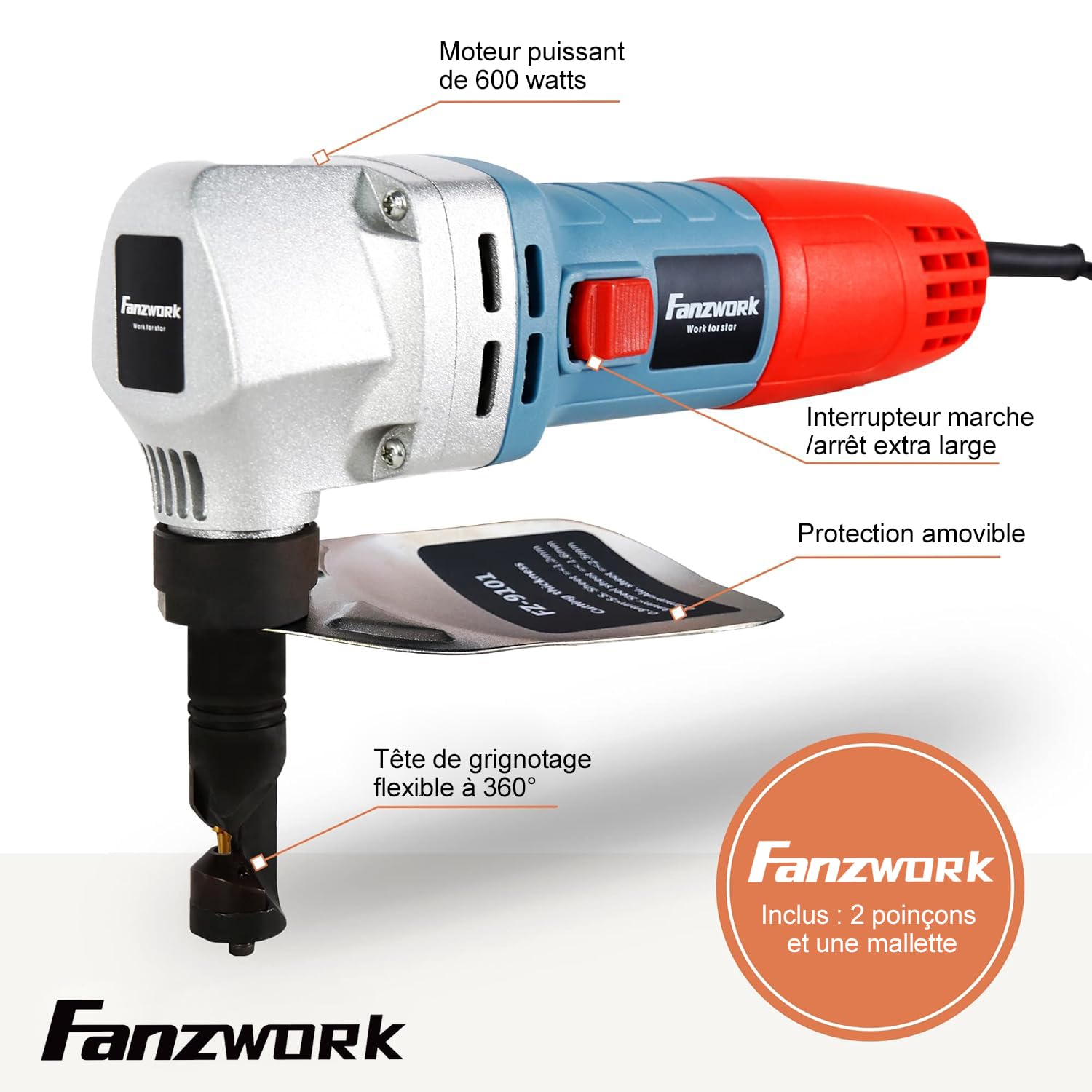 FANZWORK Grignoteuse électrique pour Tôle et Plastique 600W, avec Boîte à Outils et 2 Goupilles Cannelées, 2000 tr/min max, Tête de Coupe Orientable à 360°, Outil de Découpe du Métal