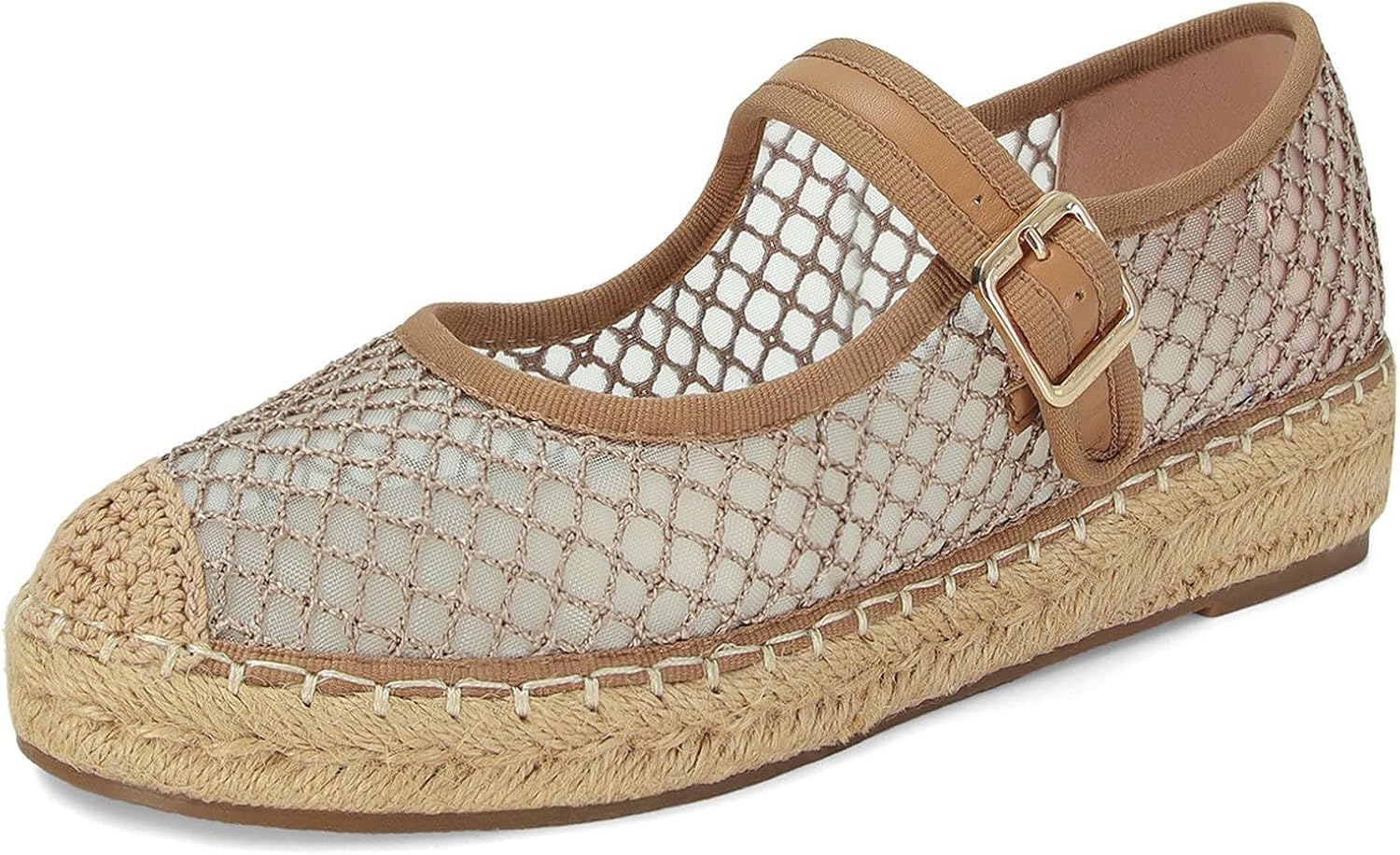 Platform Mary Jane Flats for Women Mesh Comfort Woven Raffia Espadrilles Flats Summer Dressy Buckle Strap Ballerina Flats