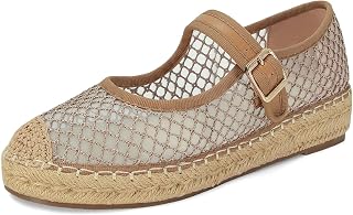 Platform Mary Jane Flats for Women Mesh Comfort Woven Raffia Espadrilles Flats Summer Dressy Buckle Strap Ballerina Flats