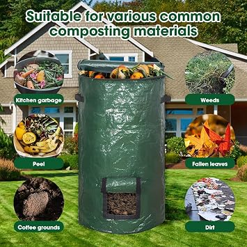 mizikuu Stand Up Composter, 120L Quick Composter with Lid and Environmental Reusable Compost Bag Plastic Container Compost Bag Garden Compost Bins Waste Bag Thermocomposte