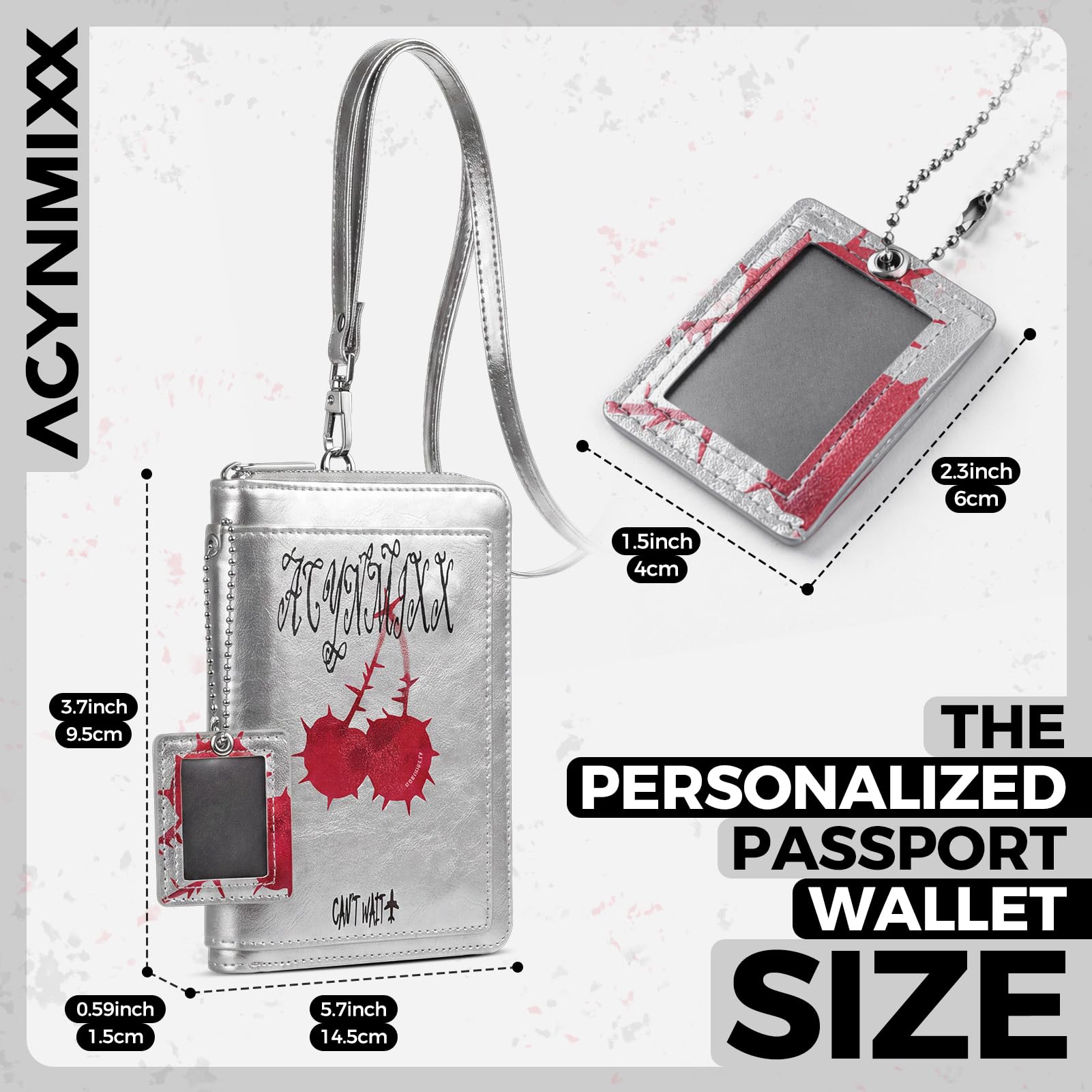 Portafoglio per passaporto in pelle con cordino staccabile RFID blocco passaporto con cerniera organizer per documenti da viaggio per donne, Argento, Dolce & Edgy