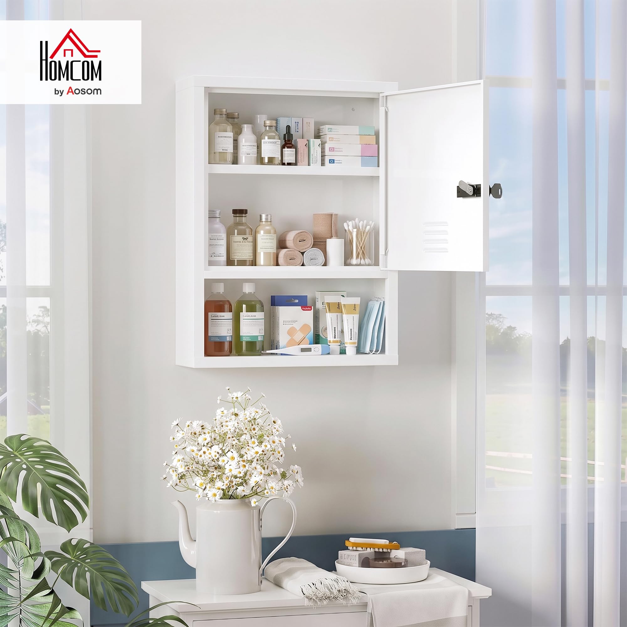 HOMCOM Armoire à pharmacie avec serrure à combinaison - 3 étagères - 60 x 40 x 15 cm - Blanc