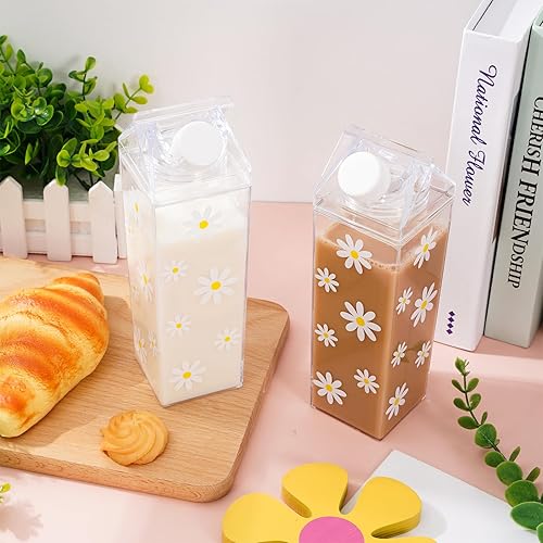 Miniatura 4 de Whaline Paquete de 2 botellas de agua de cartón de leche de margaritas de 17 onzas, botellas de leche de plástico transparente a prueba de fugas,
