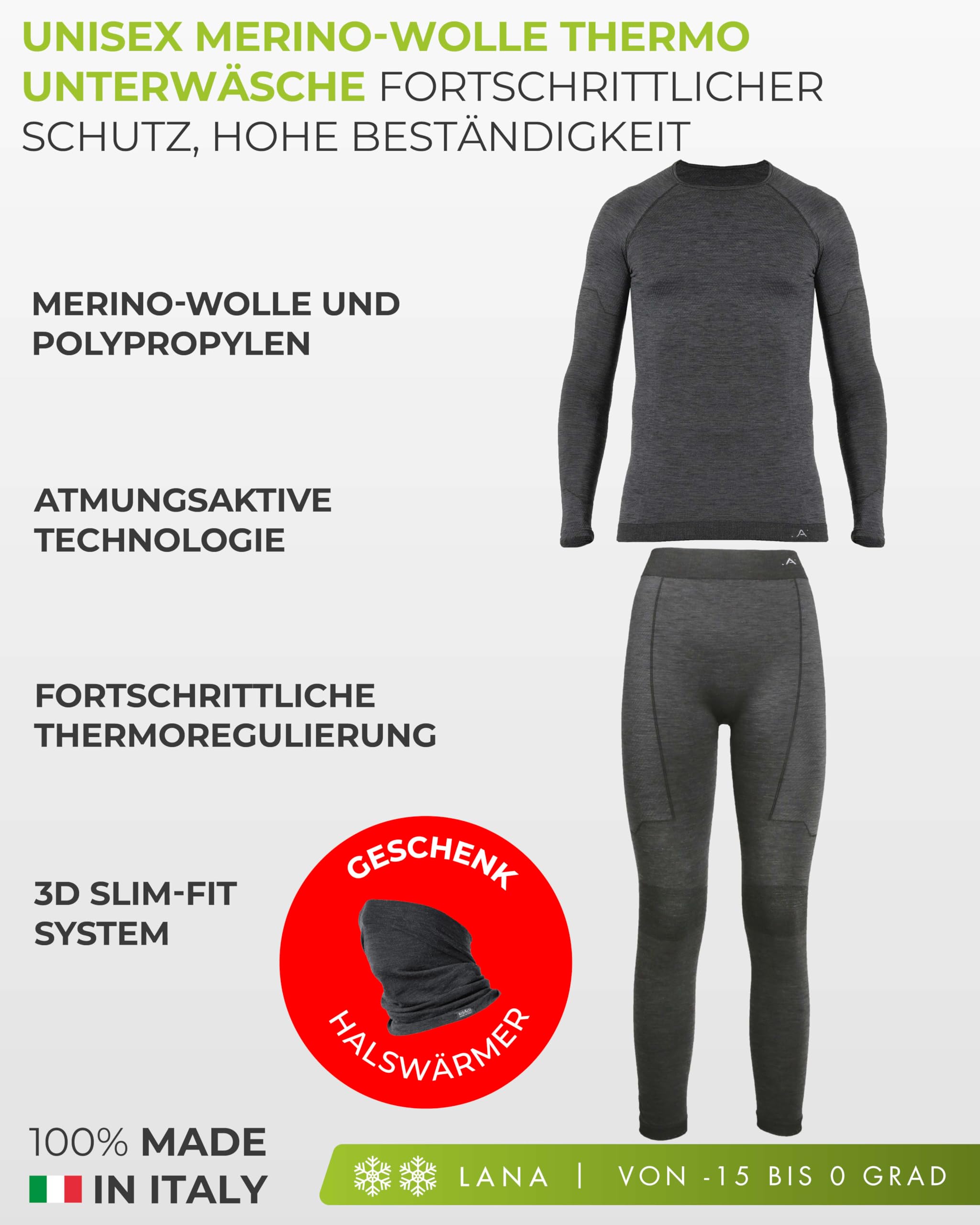 Risalti Thermounterwäsche Herren Damen Set Merino – Thermoshirt Und Thermounterhose Unisex Mit Beigefügtem Halswärmer, Atmungsaktiv, Temperaturregulierend, Seamless - Made In Italy