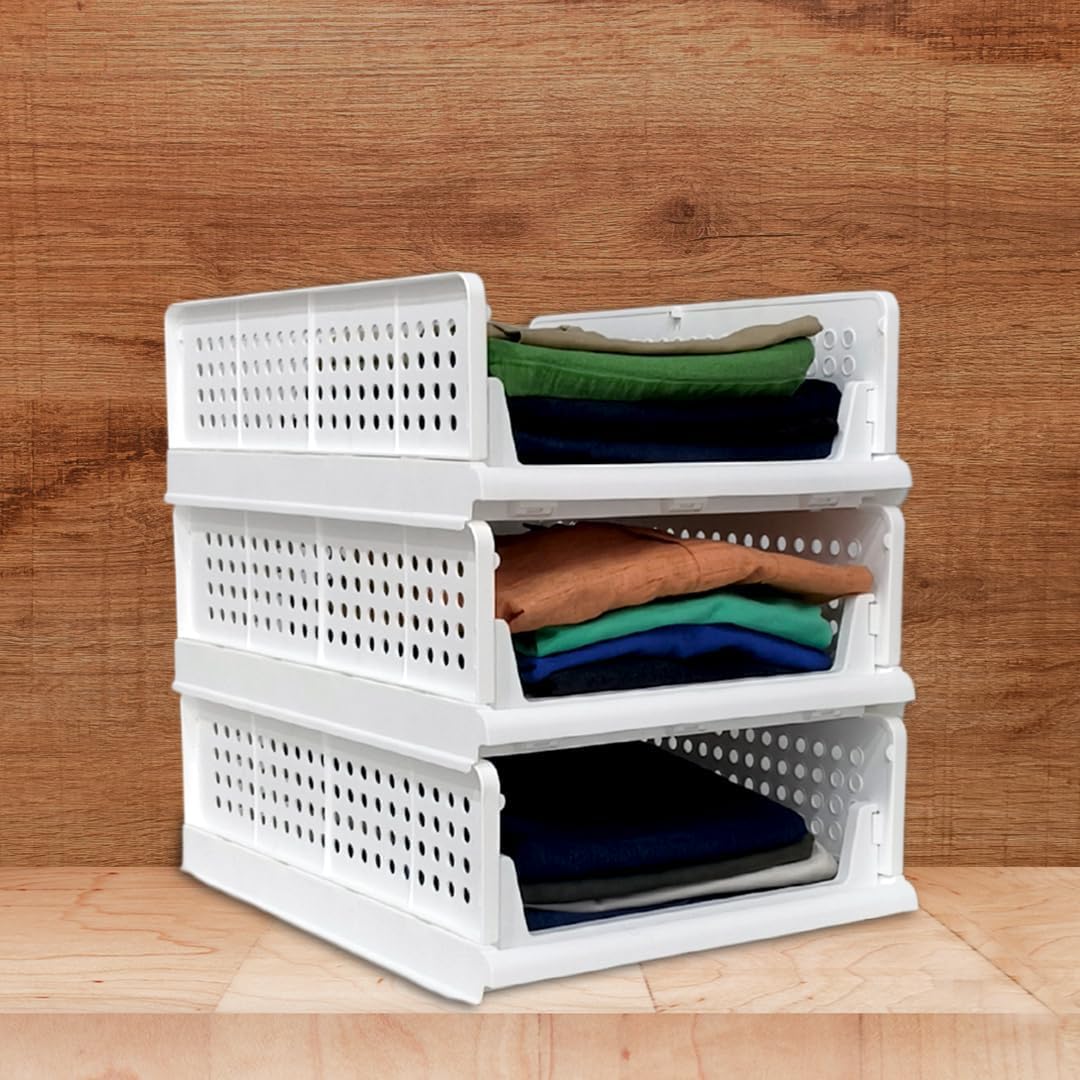 HomeStrap Set Of 3, Small Stack It Up | Floor Mount Small Cloth Stacker | Corner Shelf|Foldable Shirt Storage Stacker For Wardrobe | Plastic Stackable Closet Organizer | White, 16 X 9.5 X 9.5 cm