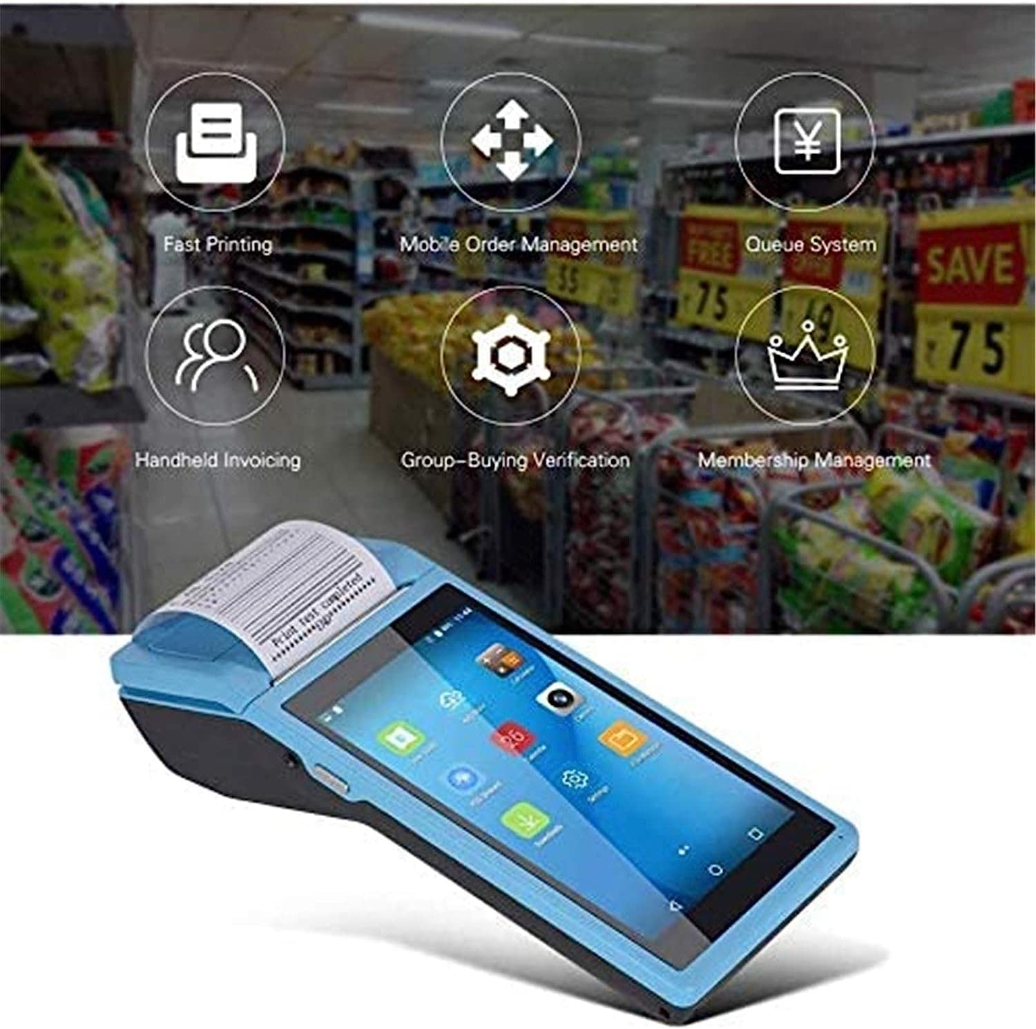 HSF Lettore di codici a barre Scanner di codici a barre portatile, stampante for ricevute terminale pos con schermo da 5,5 pollici