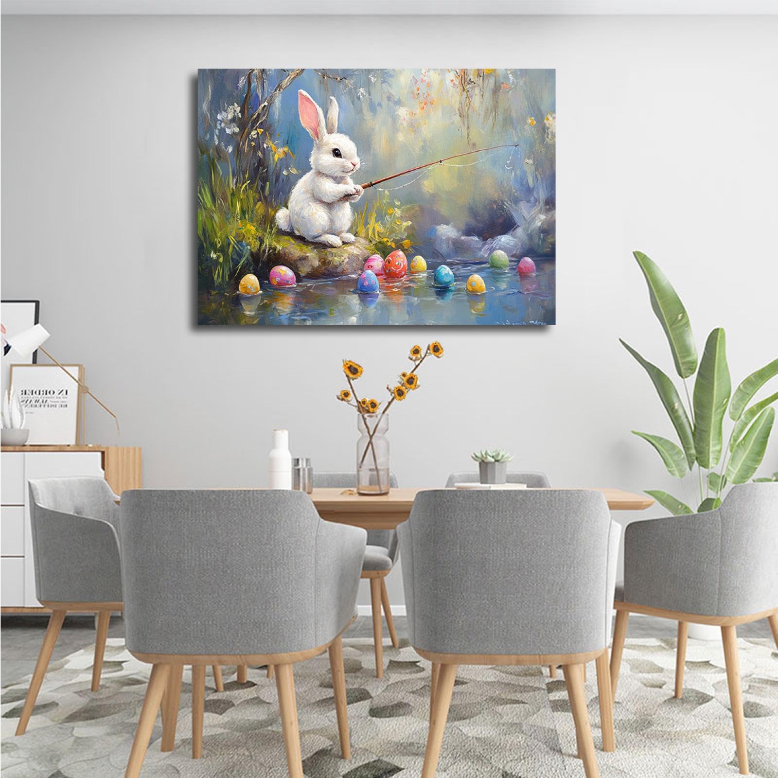 YUNART Zabawna dekoracja pokoju wielkanocnego, królik, ryby, na jajka wielkanocne nad strumieniem, płótno, druk artystyczny, w stylu vintage, plakat gotowy do zawieszenia, 40 x 60 cm, rama wewnętrzna